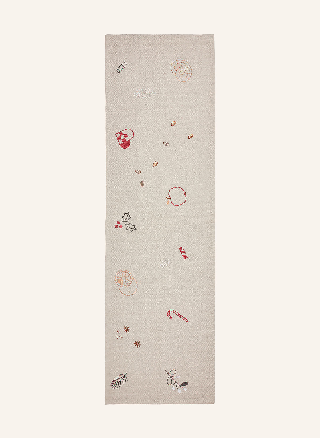 BROSTE COPENHAGEN Tischläufer FRYD: BEIGE / ROT / GRÜN