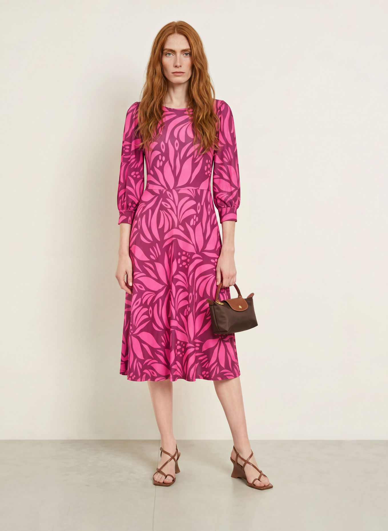 marivie Jersey dress with 3/4 sleeves: PINK / DARK PURPLE