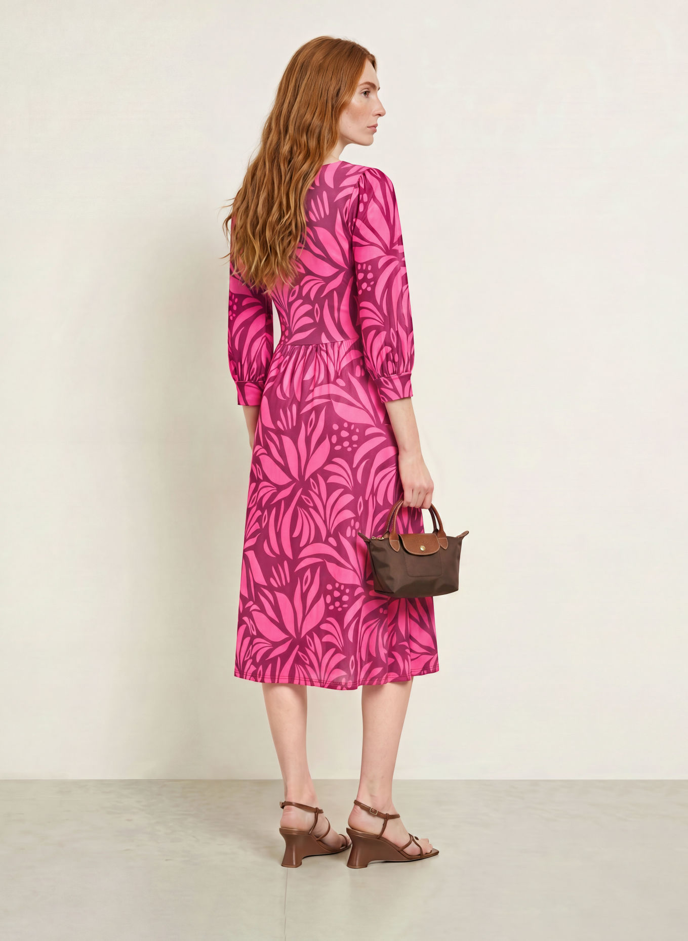 marivie Jersey dress with 3/4 sleeves: PINK / DARK PURPLE