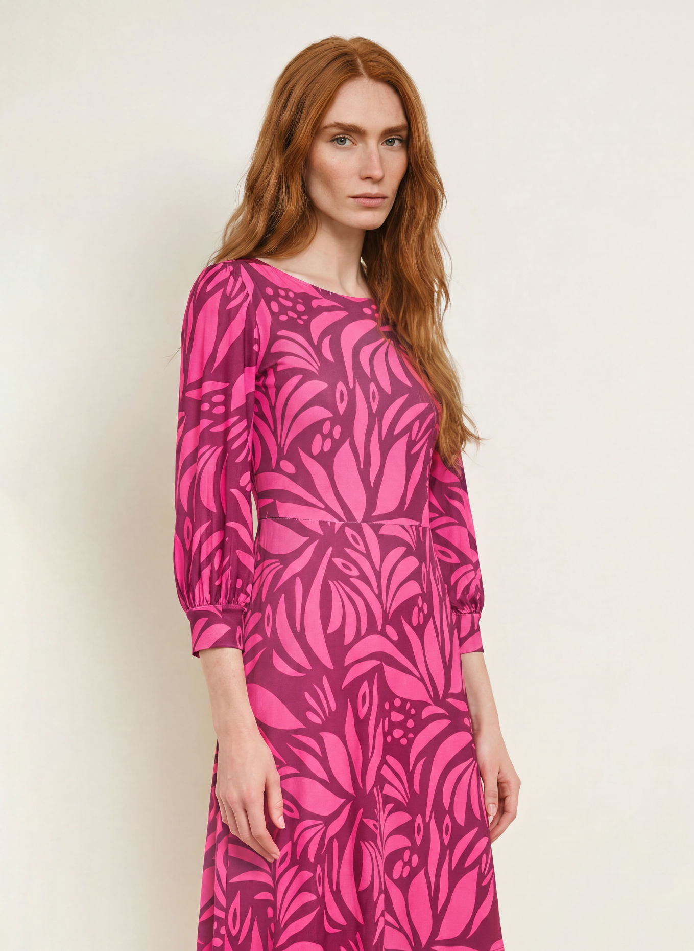 marivie Jersey dress with 3/4 sleeves: PINK / DARK PURPLE