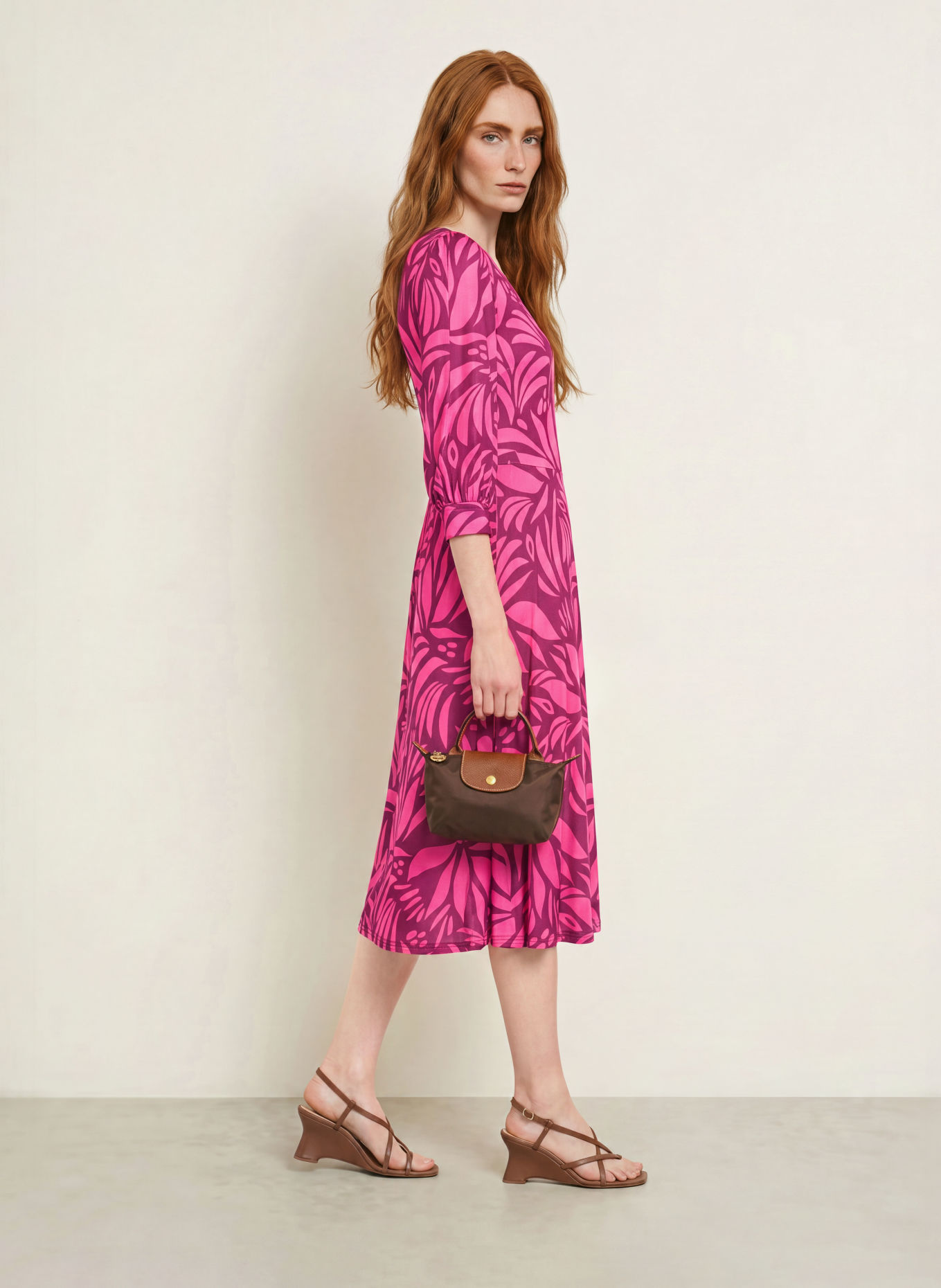 marivie Jersey dress with 3/4 sleeves: PINK / DARK PURPLE