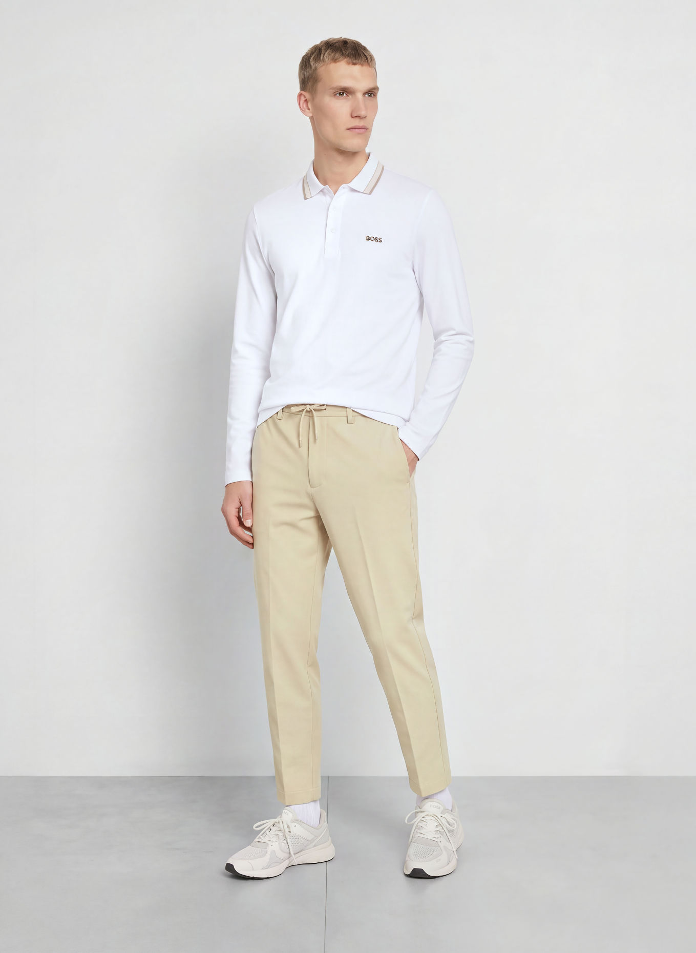 BOSS Piqué-poloskjorte PLISY Regular Fit: HVID / BEIGE / MØRKEGRÅ
