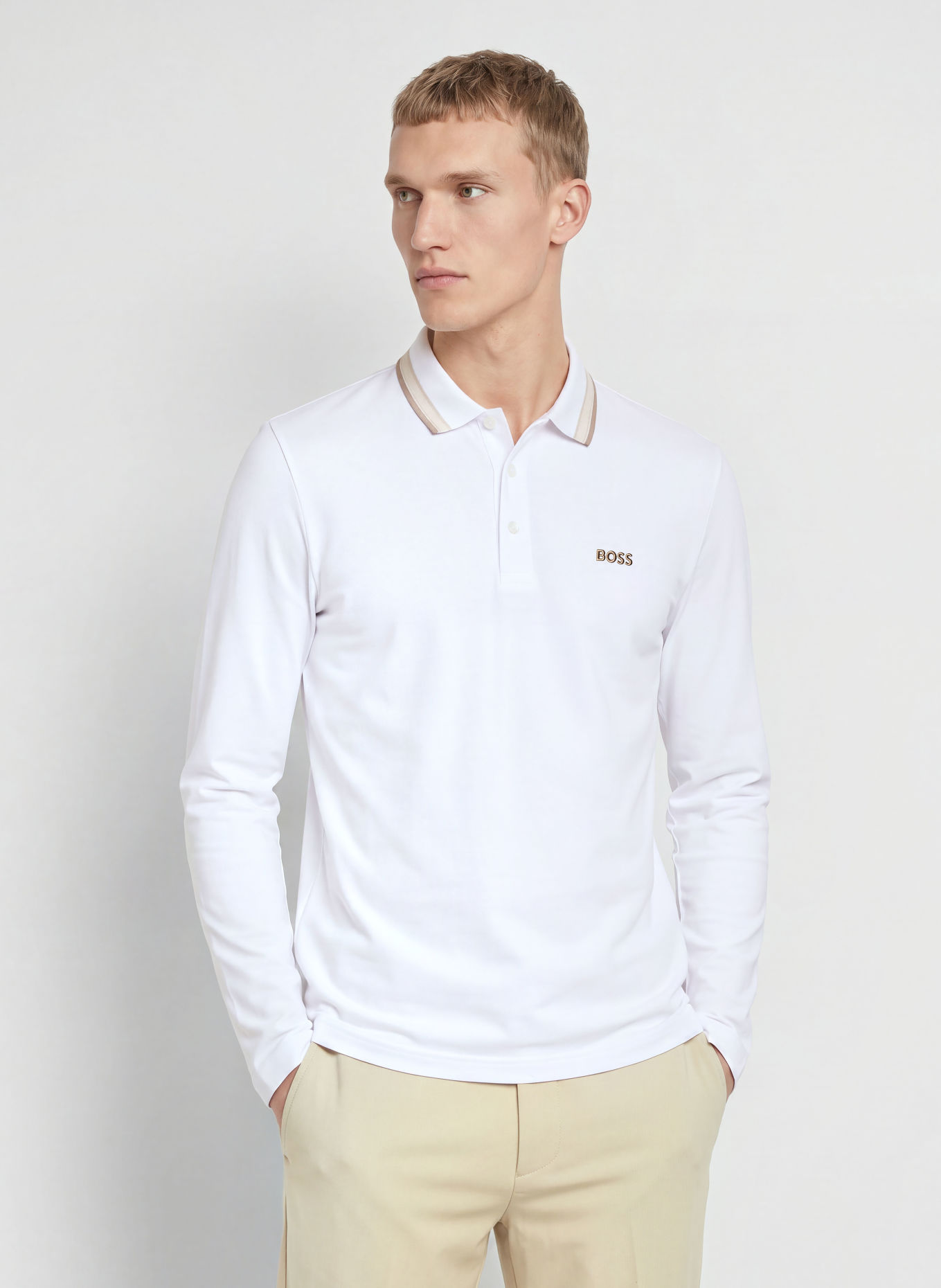 BOSS Piqué-poloskjorte PLISY Regular Fit: HVID / BEIGE / MØRKEGRÅ