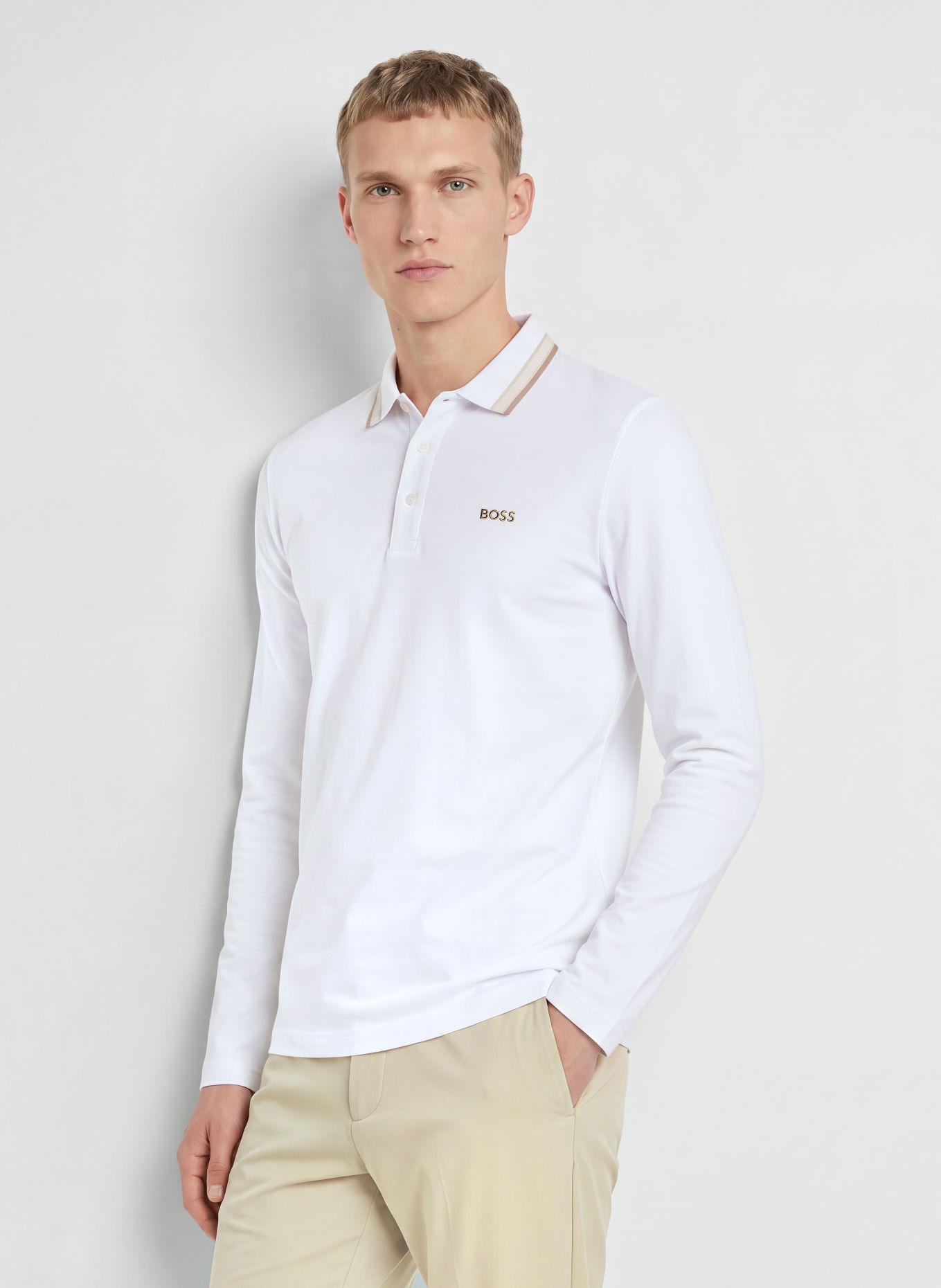 BOSS Piqué-poloskjorte PLISY Regular Fit: HVID / BEIGE / MØRKEGRÅ