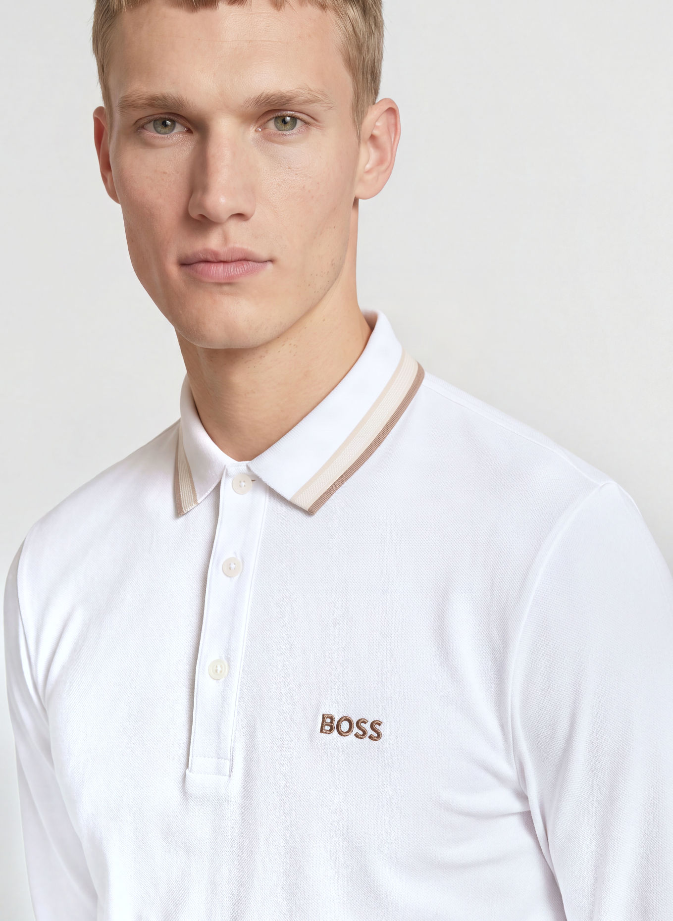 BOSS Piqué-poloskjorte PLISY Regular Fit: HVID / BEIGE / MØRKEGRÅ