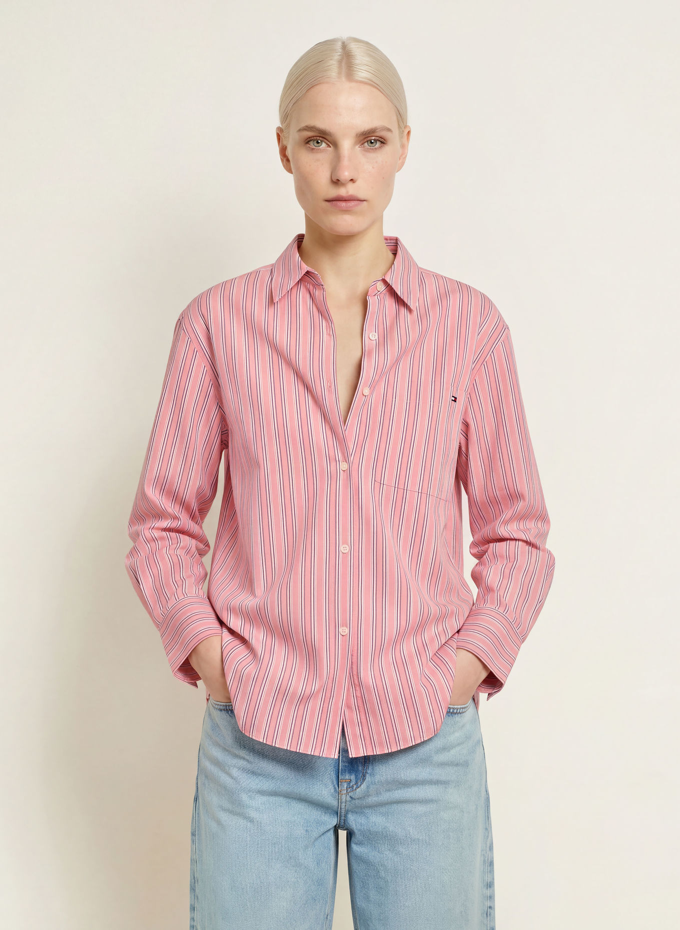 TOMMY HILFIGER Hemdbluse: ROSA / DUNKELGRAU / WEISS
