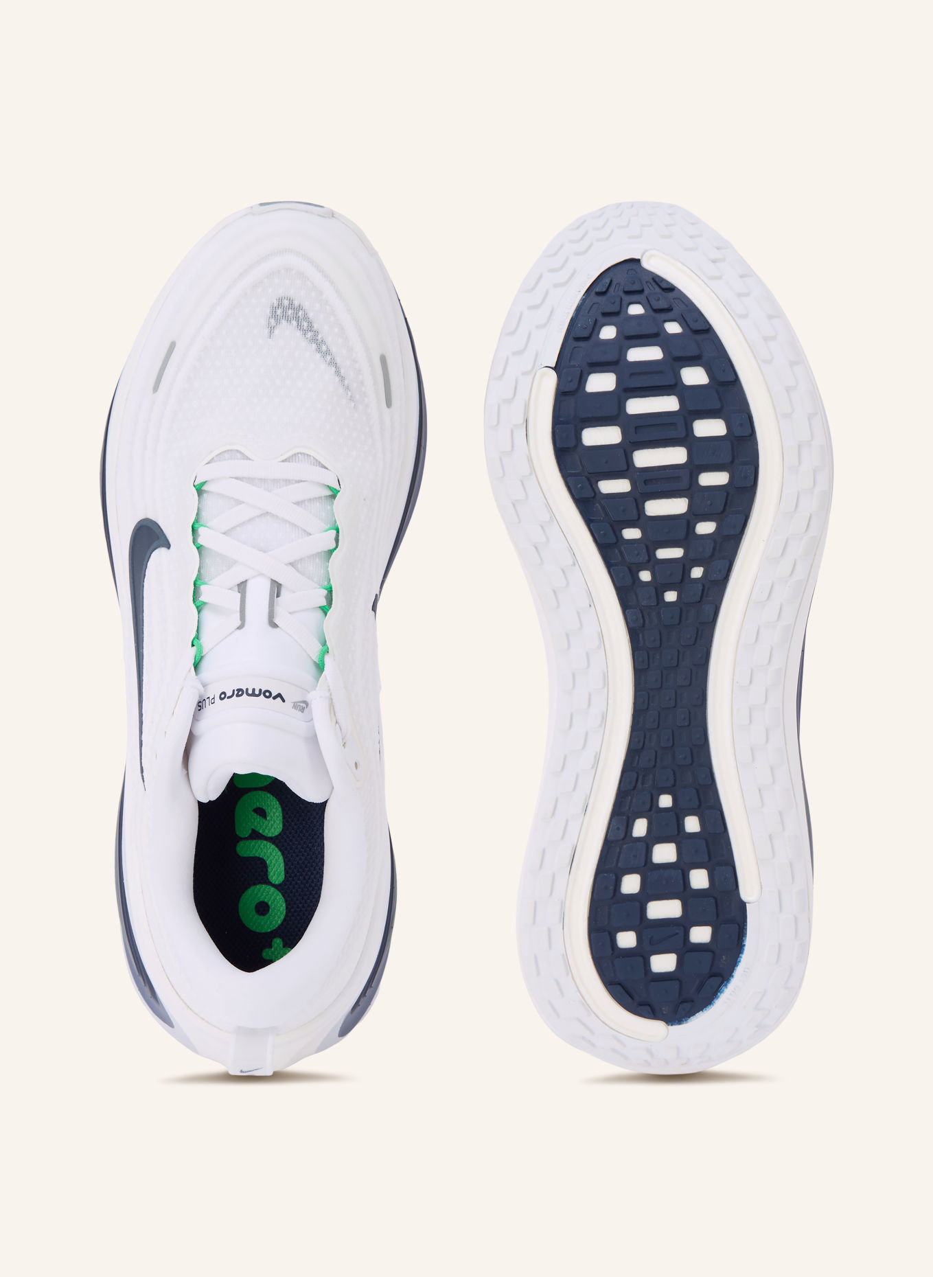 Nike VOMERO PLUS running shoes: WHITE / NEON GREEN / DARK BLUE