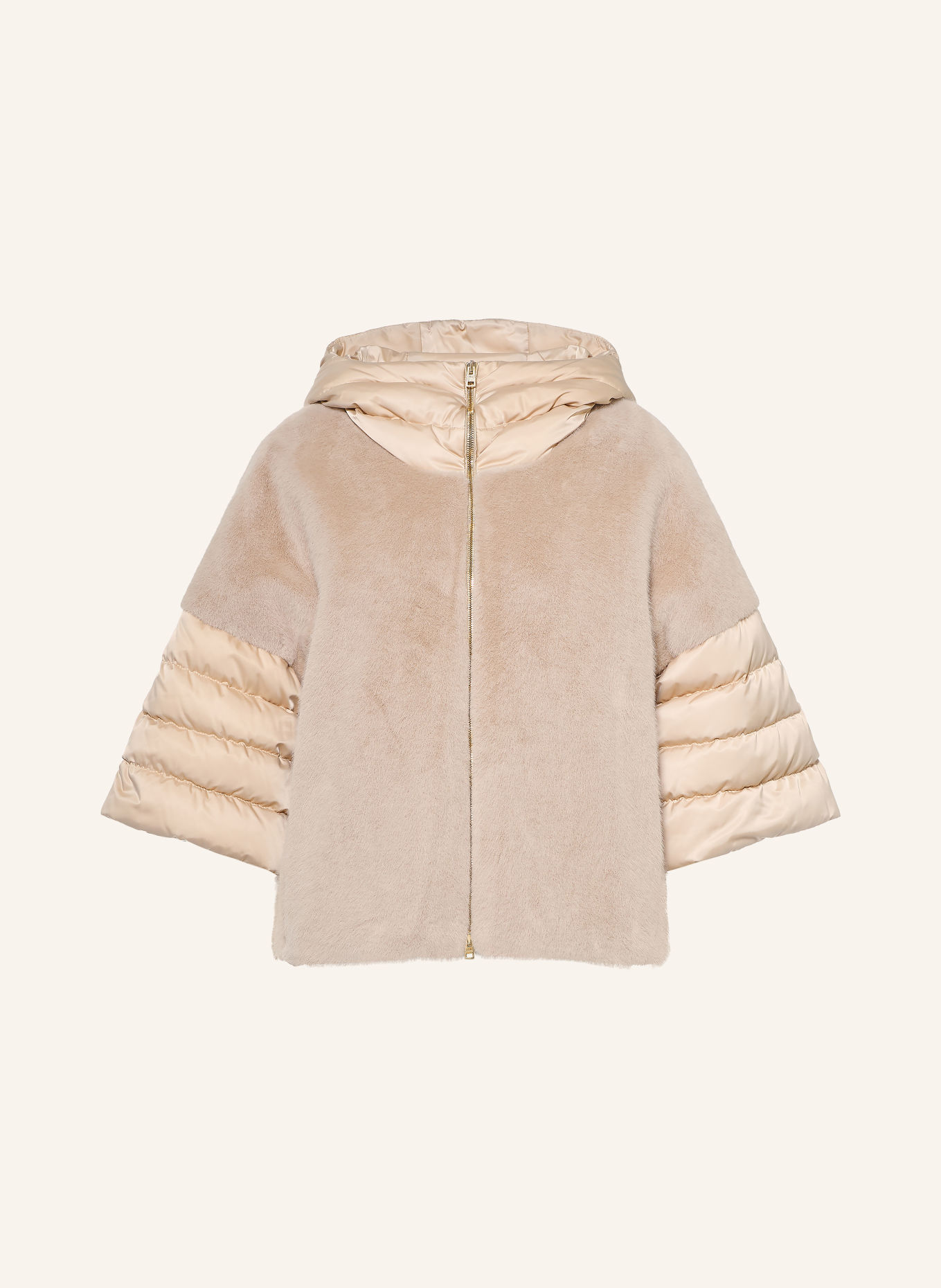 HERNO Faux fur down jacket with 3/4 sleeves: BEIGE / LIGHT GRAY