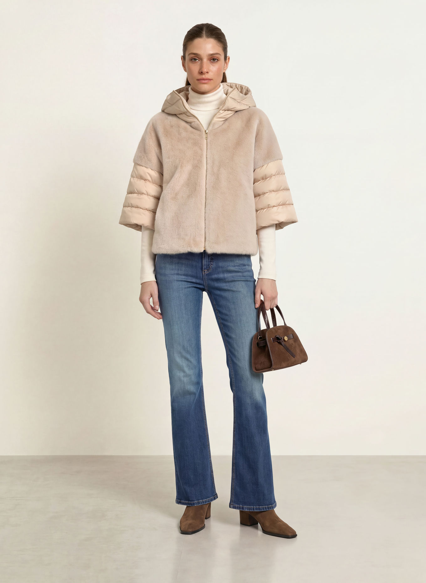 HERNO Faux fur down jacket with 3/4 sleeves: BEIGE / LIGHT GRAY