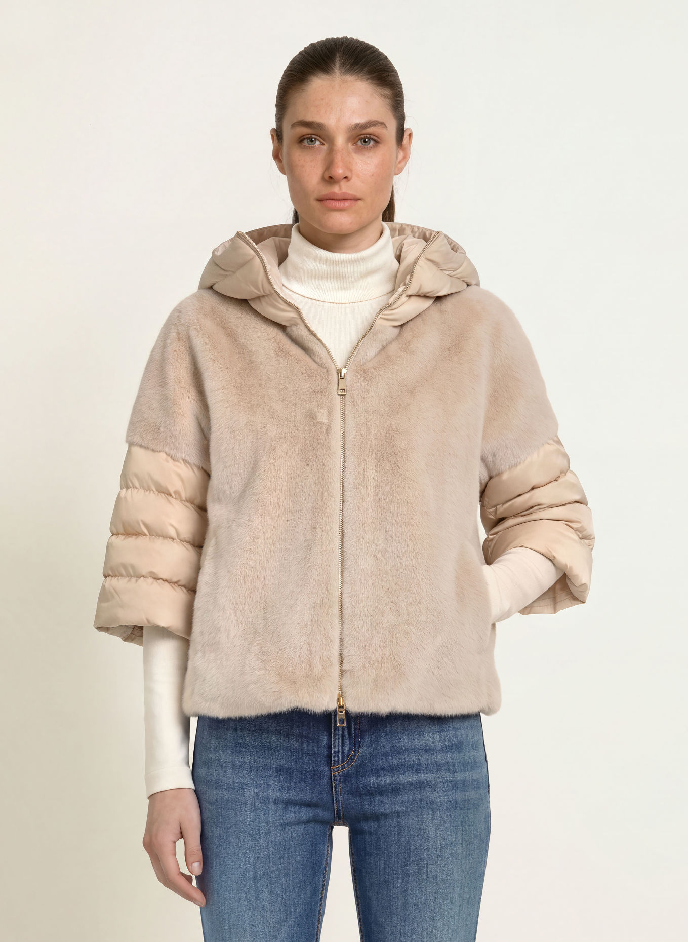 HERNO Faux fur down jacket with 3/4 sleeves: BEIGE / LIGHT GRAY