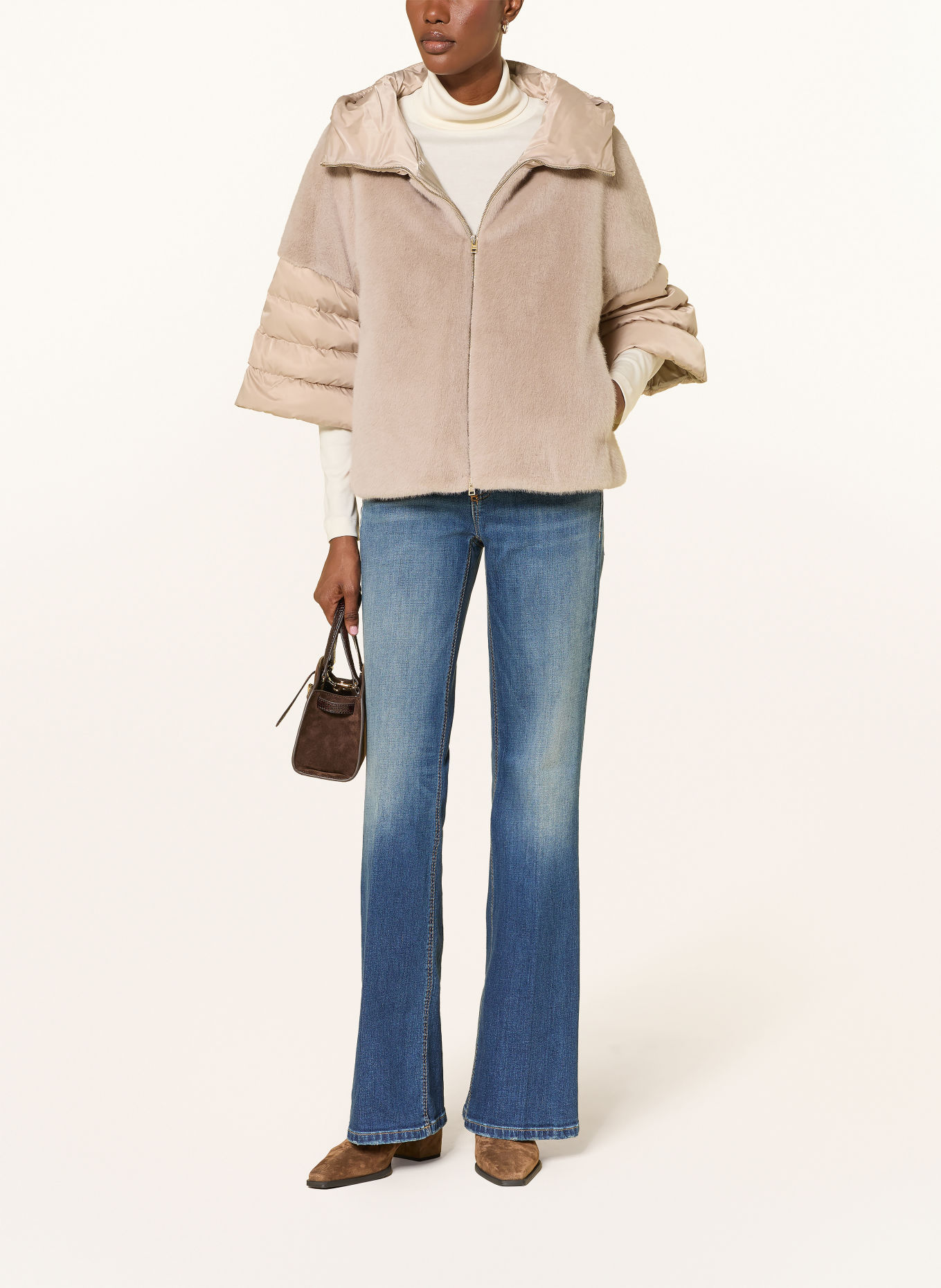 HERNO Faux fur down jacket with 3/4 sleeves: BEIGE / LIGHT GRAY
