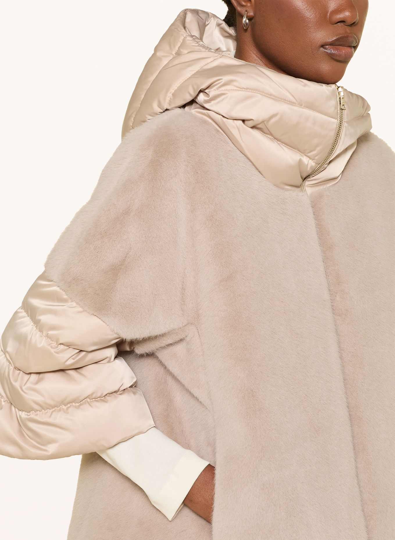 HERNO Faux fur down jacket with 3/4 sleeves: BEIGE / LIGHT GRAY