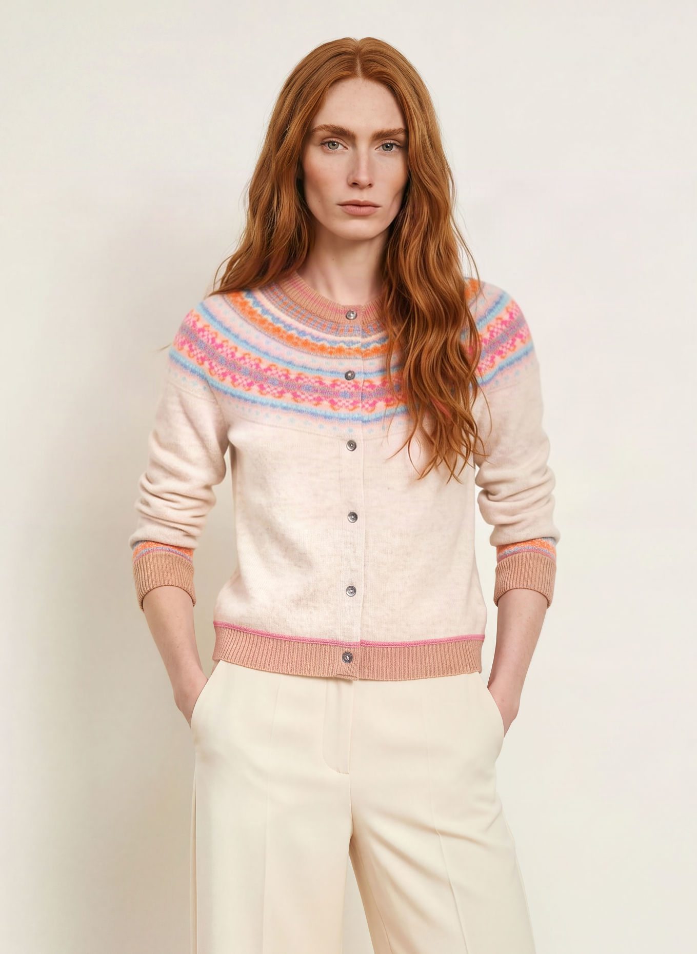 ERIBÉ Strickjacke ALPINE: ECRU / PINK / ORANGE