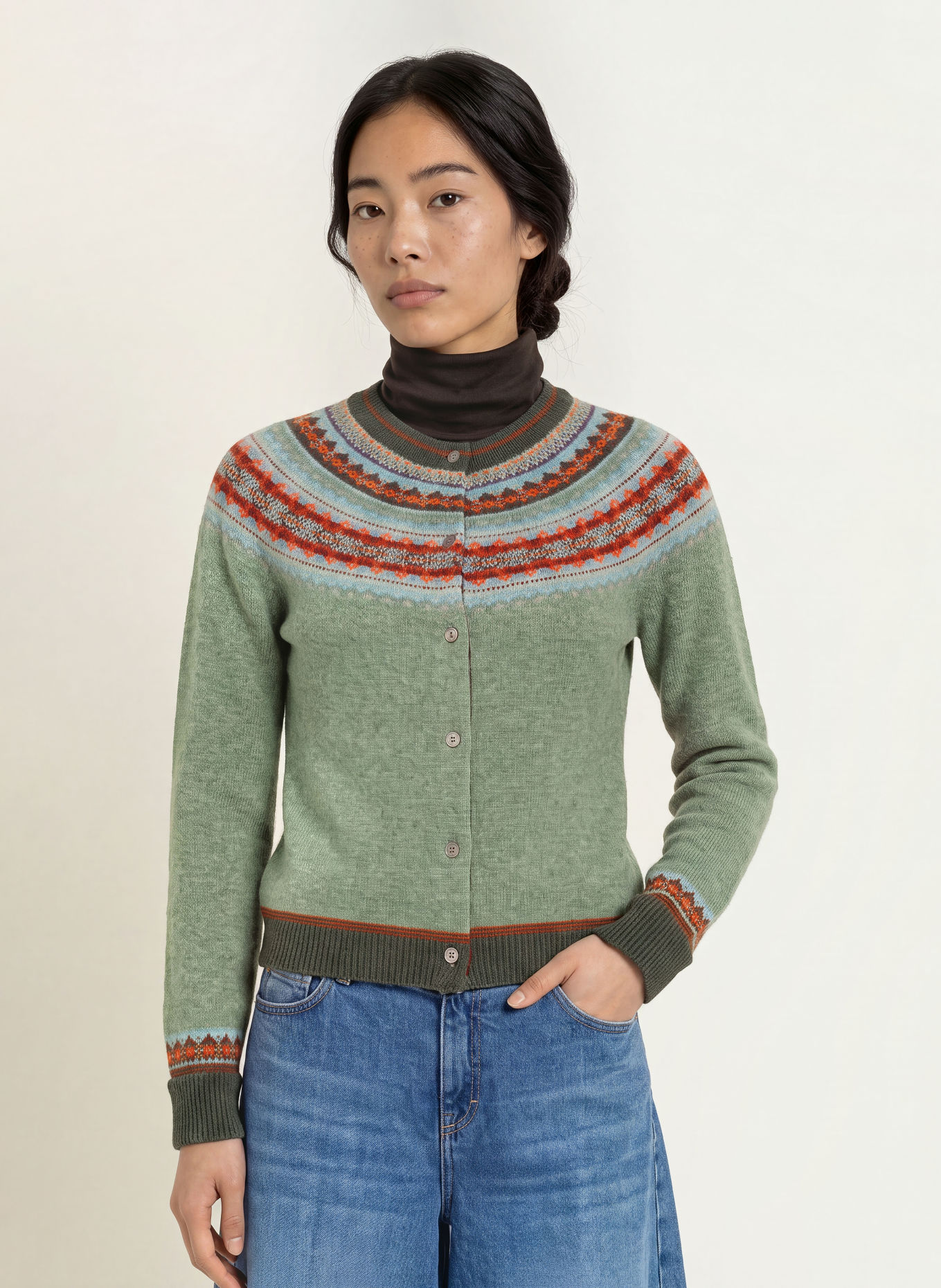 ERIBÉ Strickjacke ALPINE: HELLGRÜN / BLAUGRAU / ORANGE