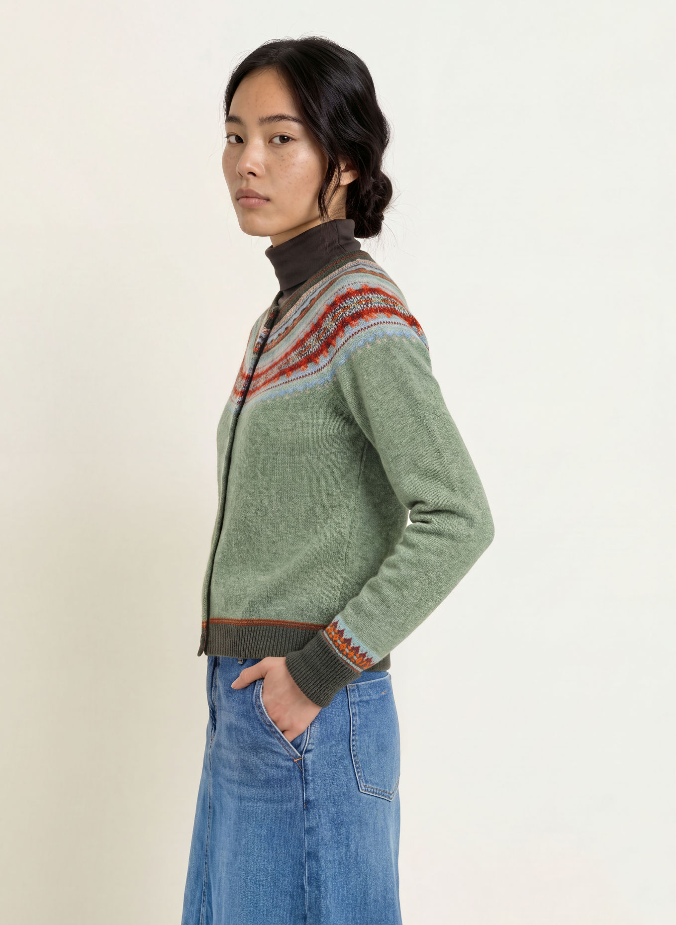 ERIBÉ Strickjacke ALPINE: HELLGRÜN / BLAUGRAU / ORANGE