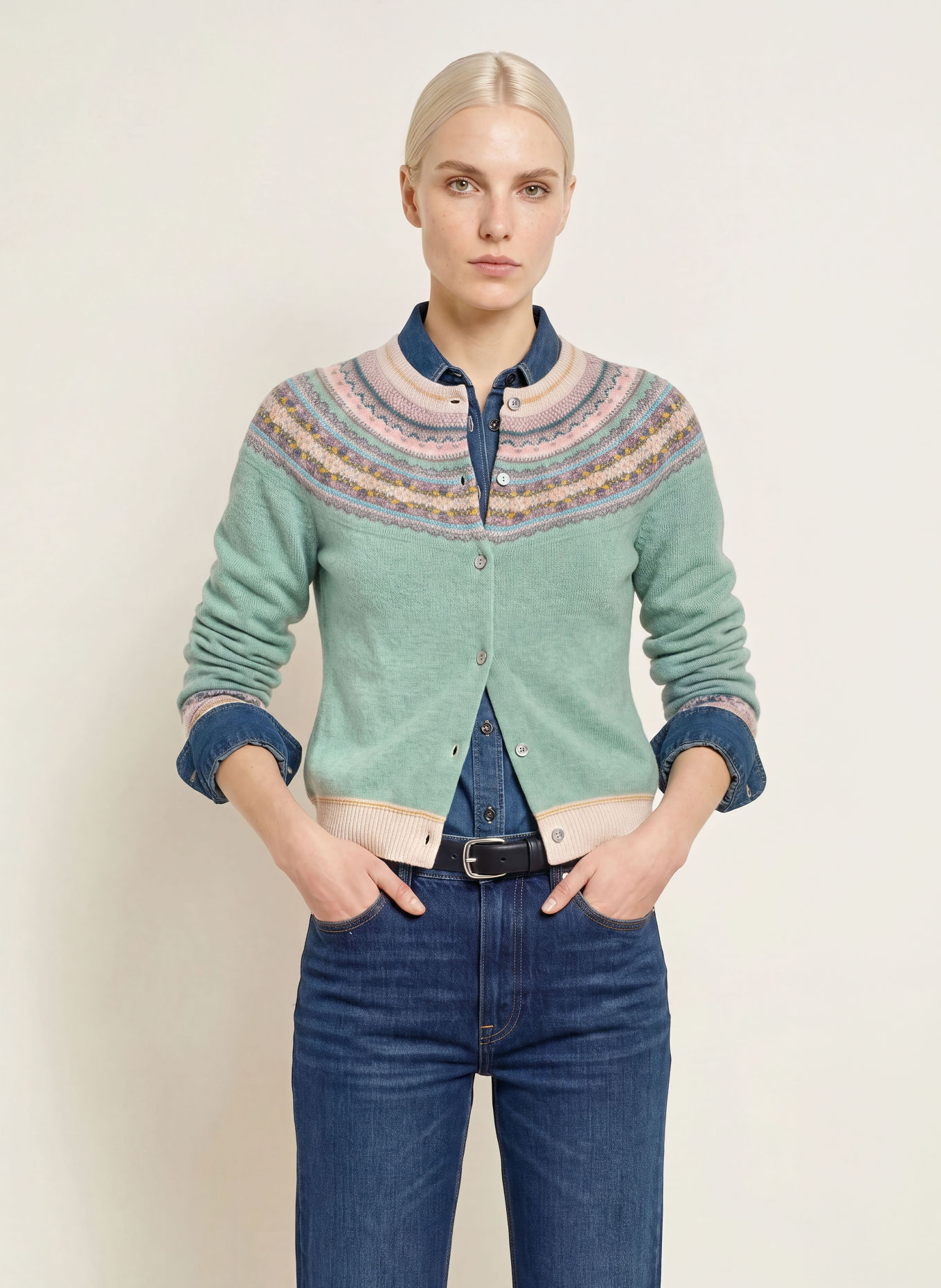 ERIBÉ Strickjacke ALPINE: HELLGRÜN / ROSA / CREME