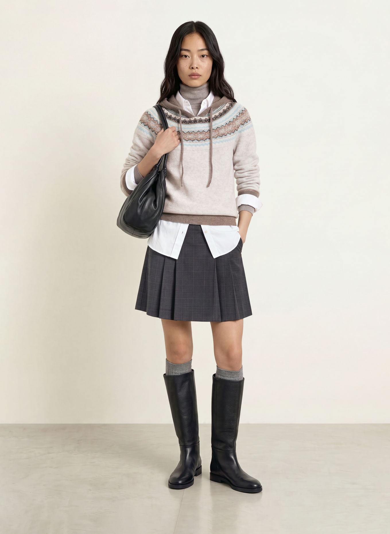 ERIBÉ Strick-Hoodie ALPINE: GRAU / CREME / HELLBLAU
