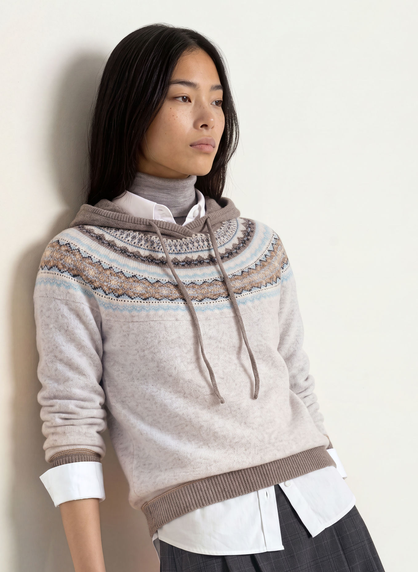 ERIBÉ Strick-Hoodie ALPINE: GRAU / CREME / HELLBLAU