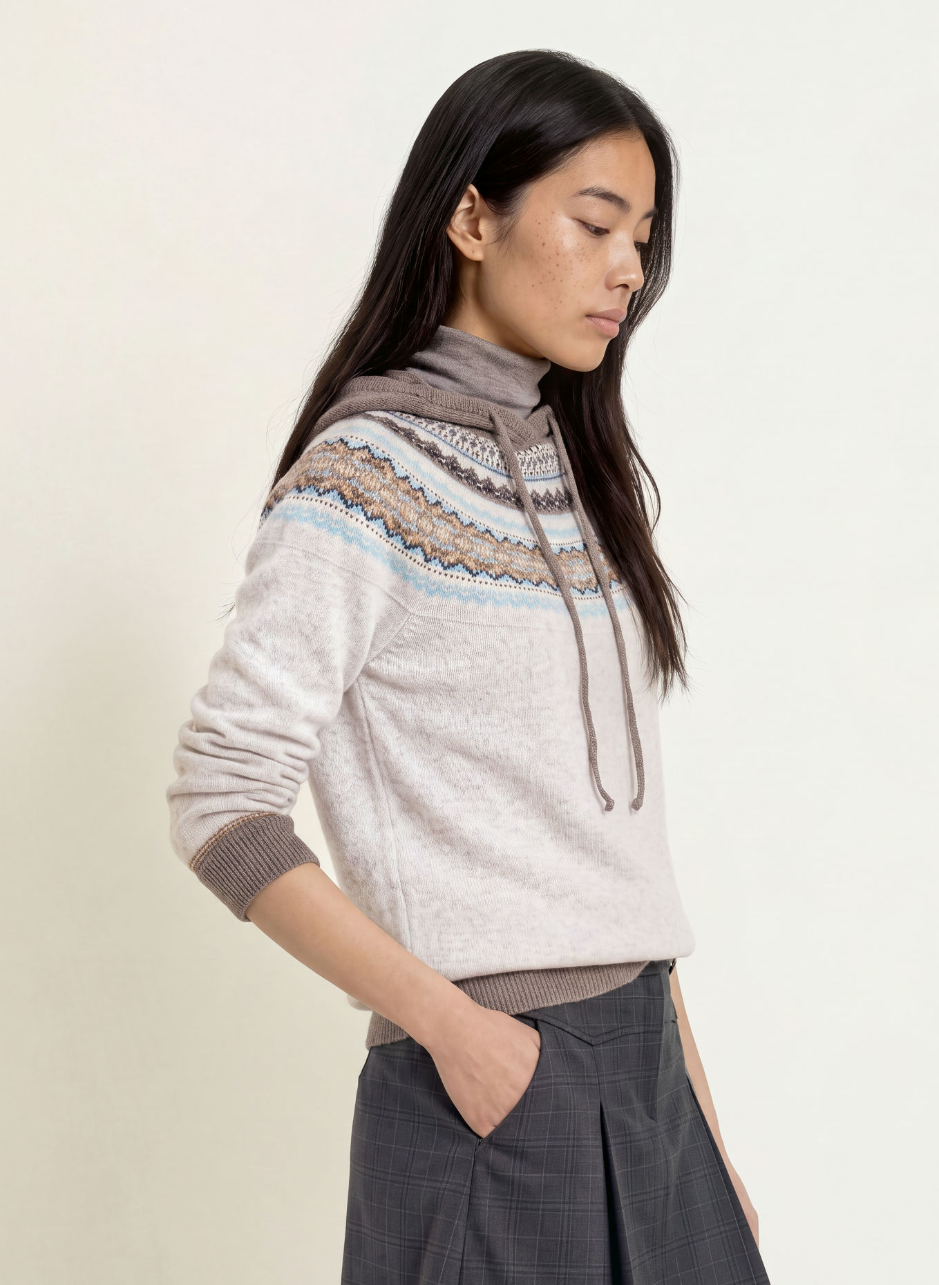 ERIBÉ Strick-Hoodie ALPINE: GRAU / CREME / HELLBLAU