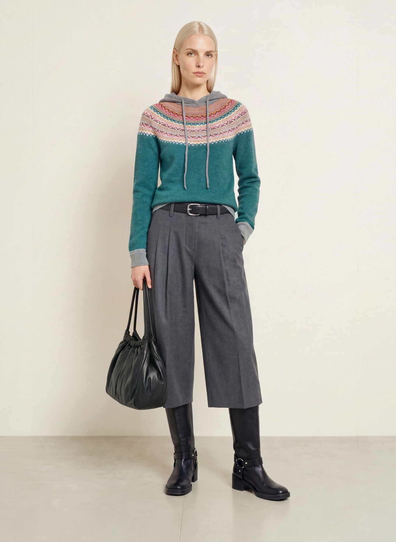 ERIBÉ Strick-Hoodie ALPINE: PETROL / BEIGE / GRAU