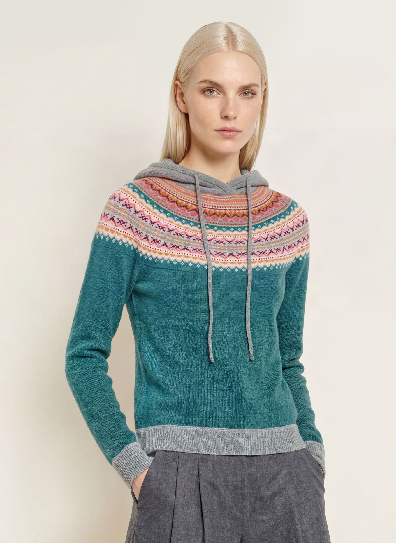 ERIBÉ Strick-Hoodie ALPINE: PETROL / BEIGE / GRAU