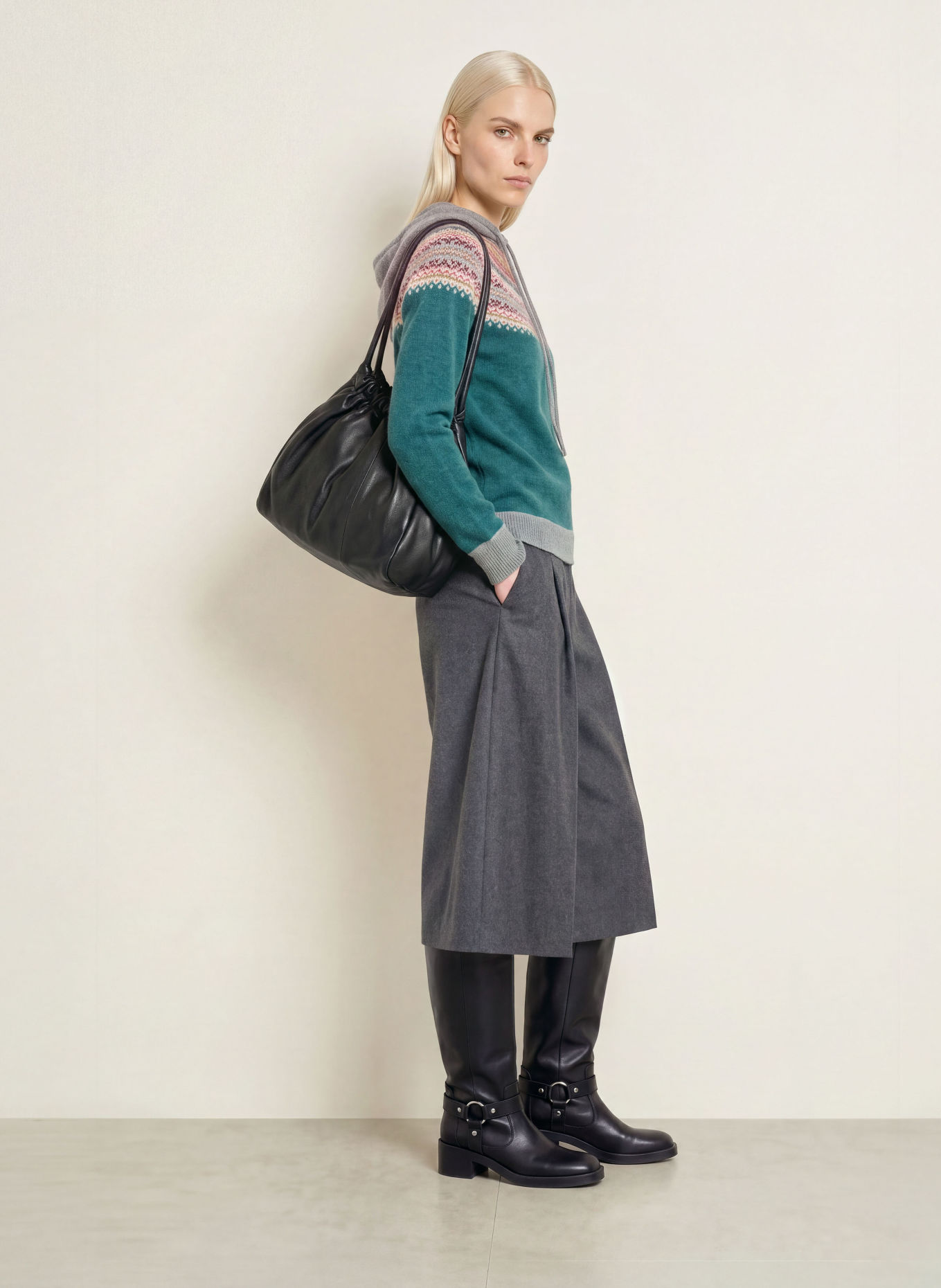 ERIBÉ Strick-Hoodie ALPINE: PETROL / BEIGE / GRAU