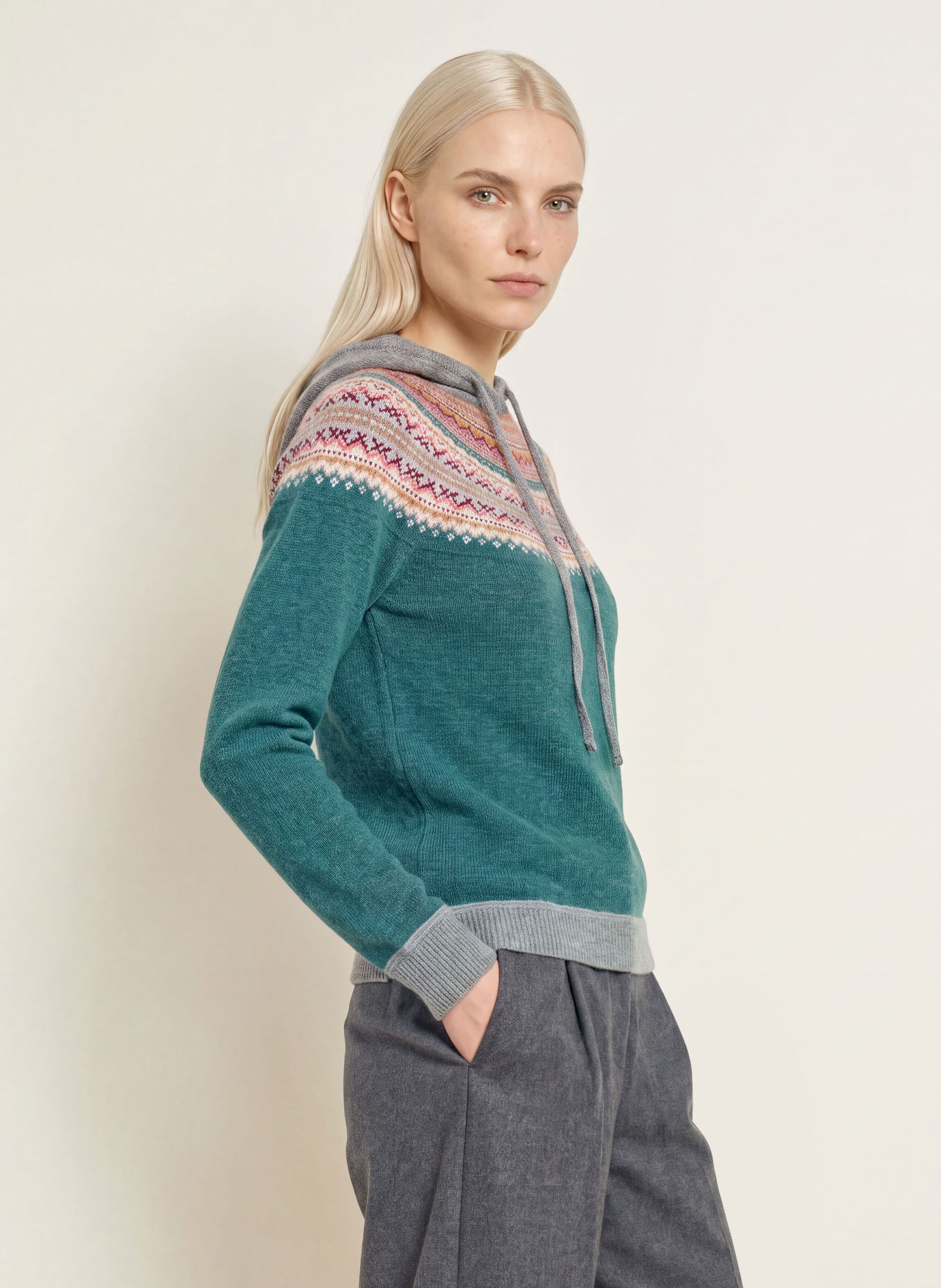 ERIBÉ Strick-Hoodie ALPINE: PETROL / BEIGE / GRAU