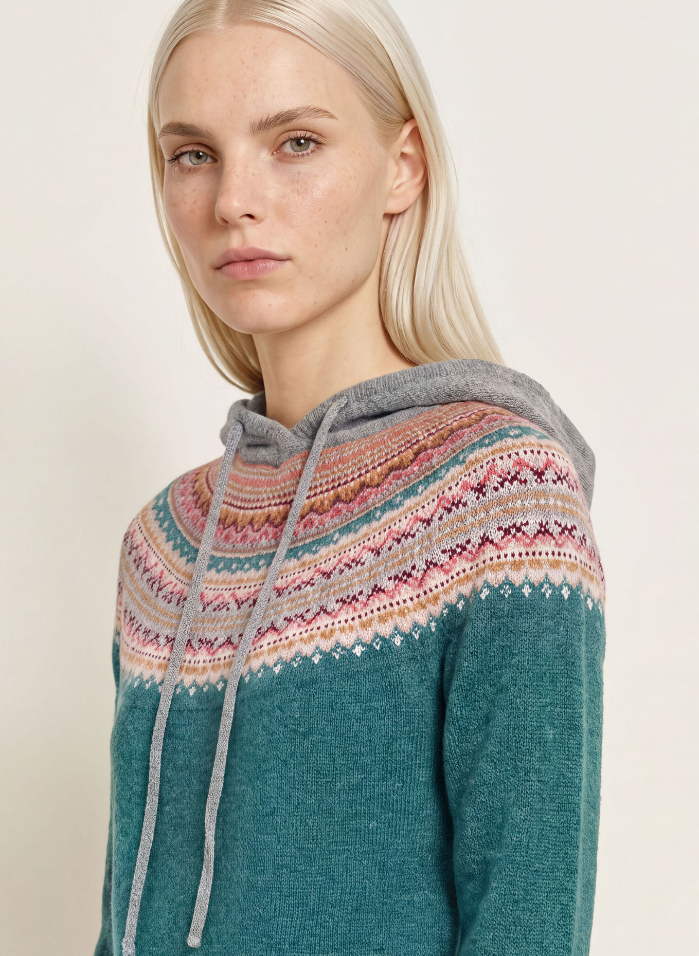 ERIBÉ Strick-Hoodie ALPINE: PETROL / BEIGE / GRAU