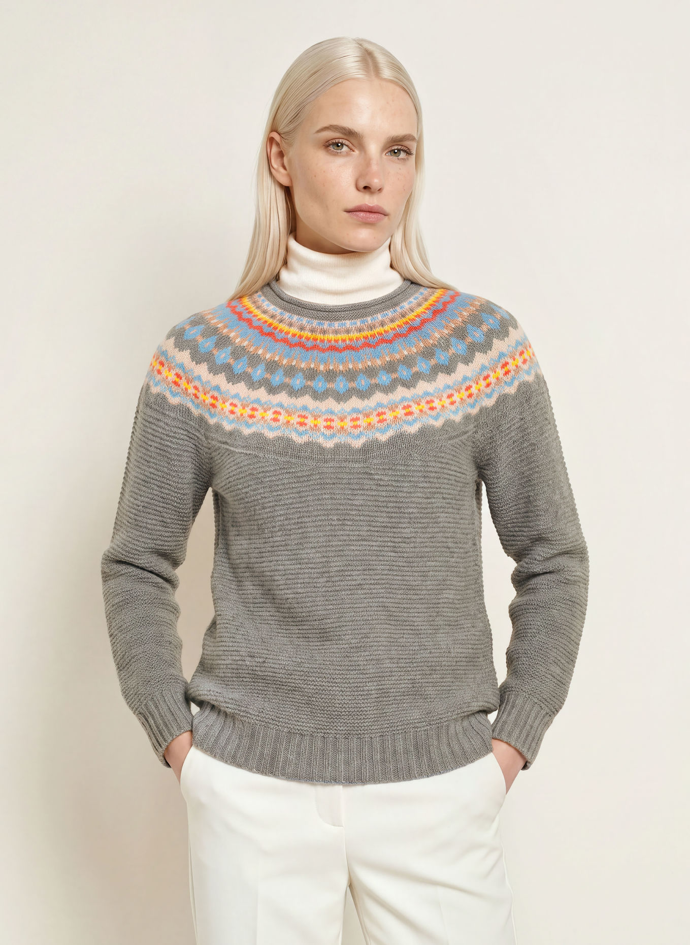 ERIBÉ Pullover STONEYBREK: GRAU / GELB / HELLBLAU