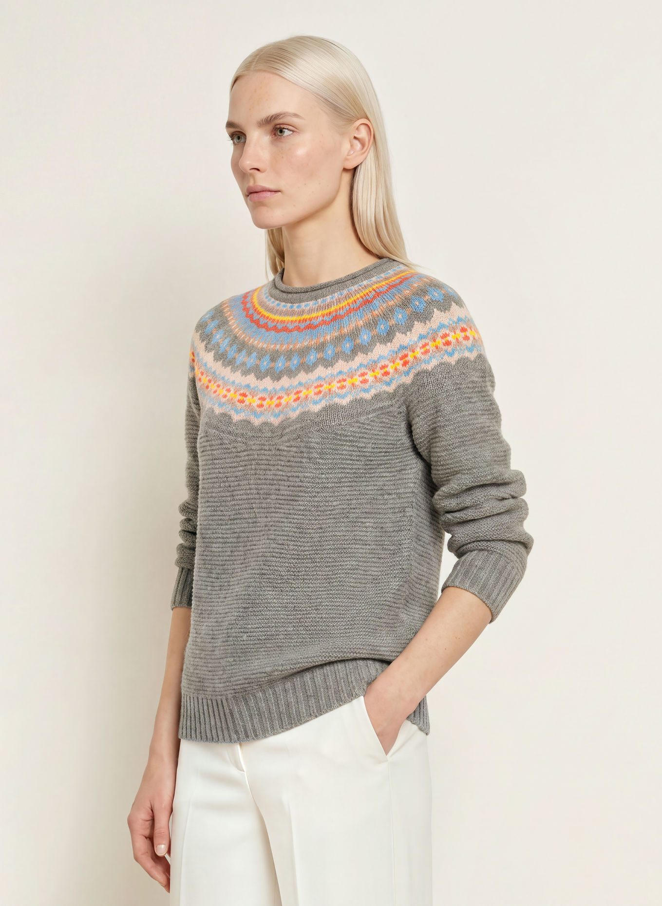 ERIBÉ Pullover STONEYBREK: GRAU / GELB / HELLBLAU