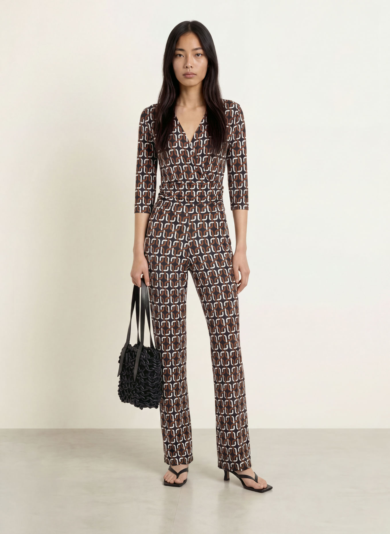 marivie Jersey-Jumpsuit JUMP GREAT! mit 3/4-Arm: BRAUN / WEISS / SCHWARZ