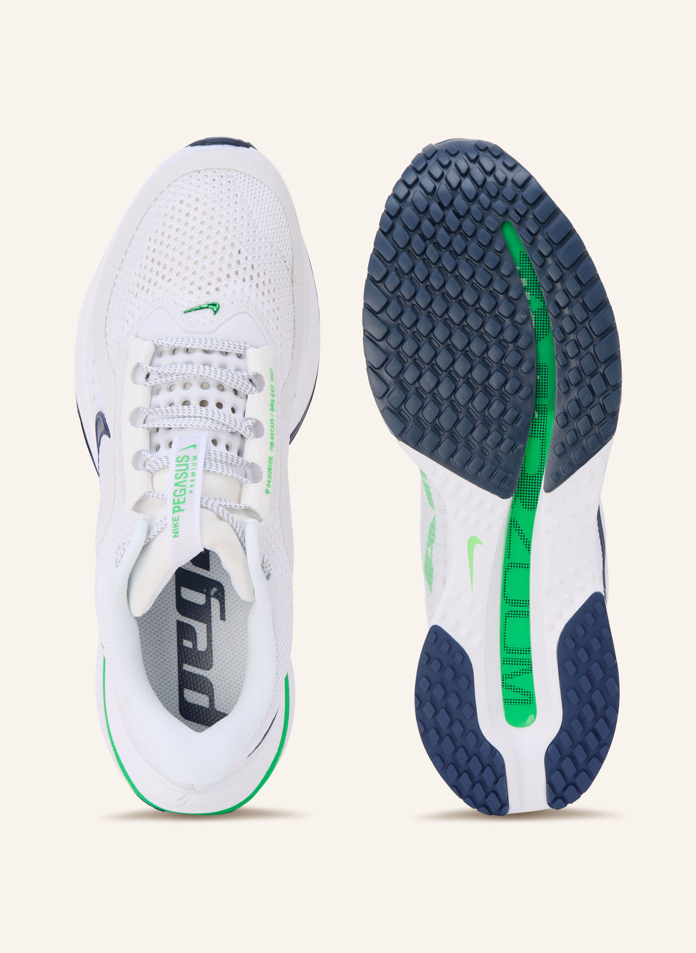 Nike PEGASUS PREMIUM Running Shoes: WHITE / NEON GREEN / DARK BLUE