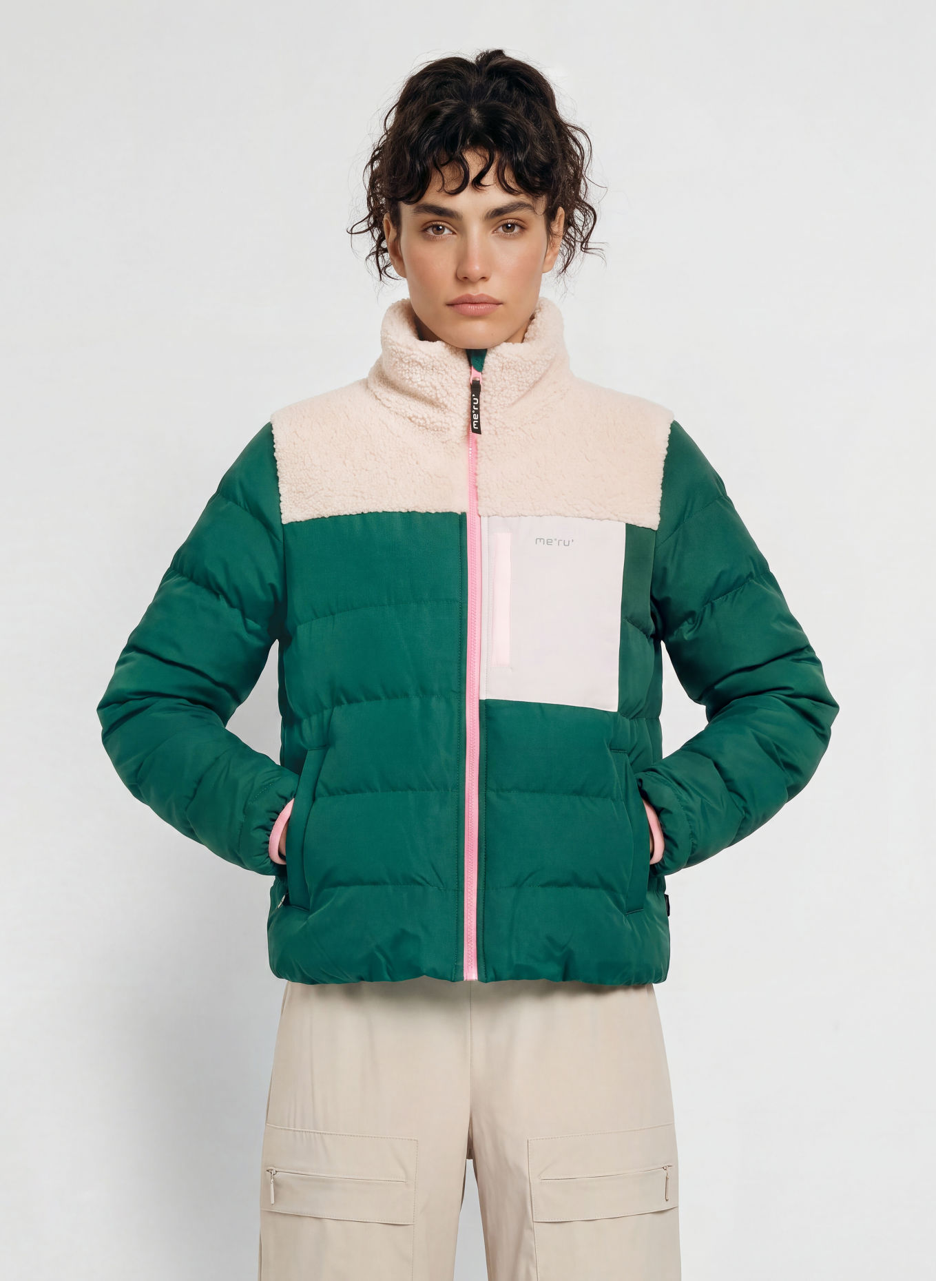 me°ru' Hybrid-Steppjacke VEJLE: DUNKELGRÜN / BEIGE / HELLGRAU