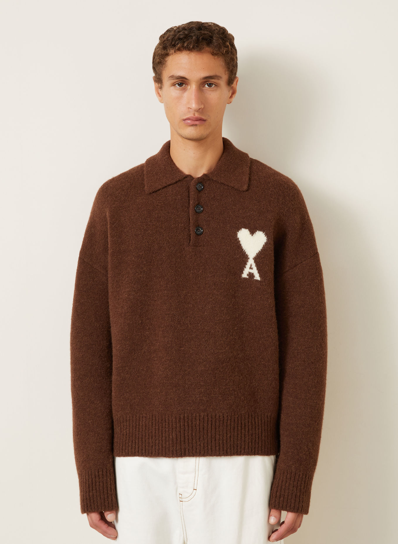 AMI PARIS Sweater with alpaca: DARK BROWN / CREAM