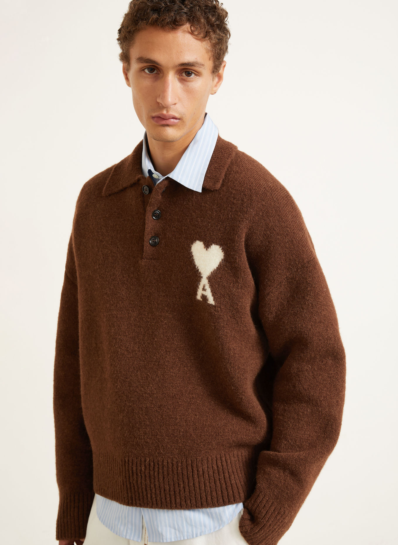 AMI PARIS Sweater with alpaca: DARK BROWN / CREAM