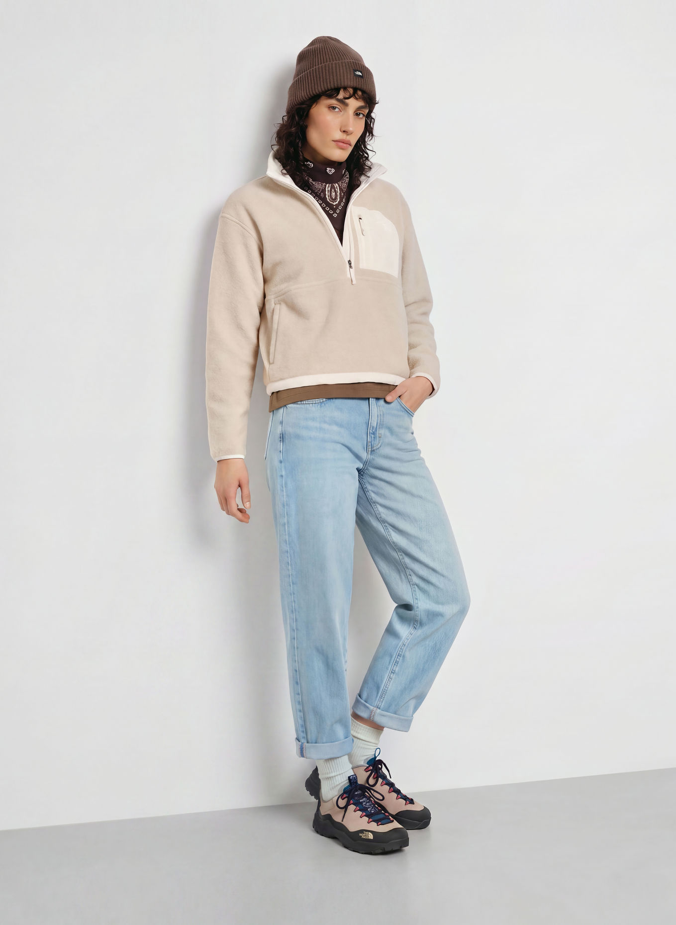 THE NORTH FACE YUMIORI Fleece Half-zip Sweater: BEIGE / CREAM