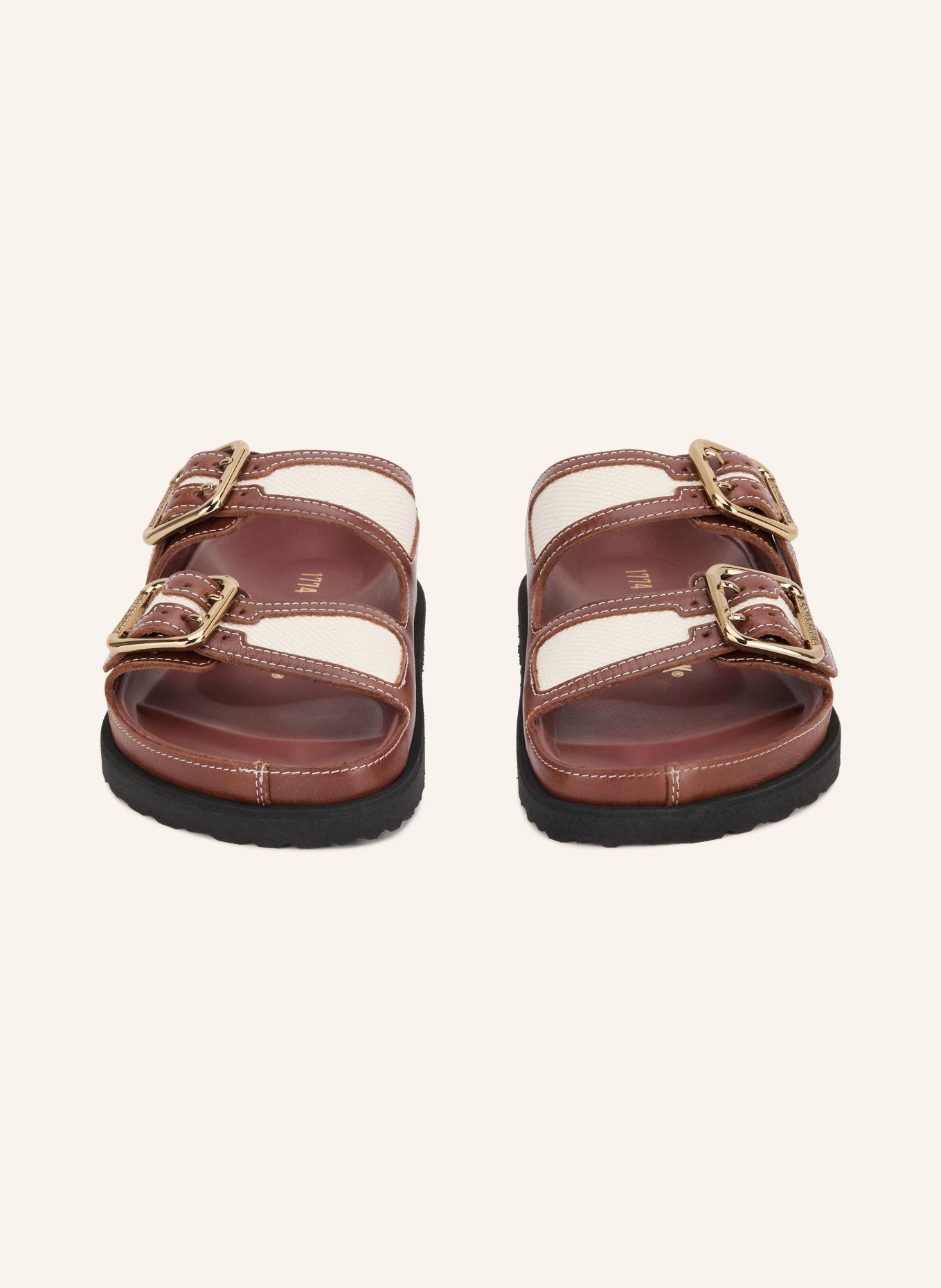 1774 BIRKENSTOCK Muiltjes ARIZONA BOLD CANVAS: BRUIN / GOUD / CRÈME