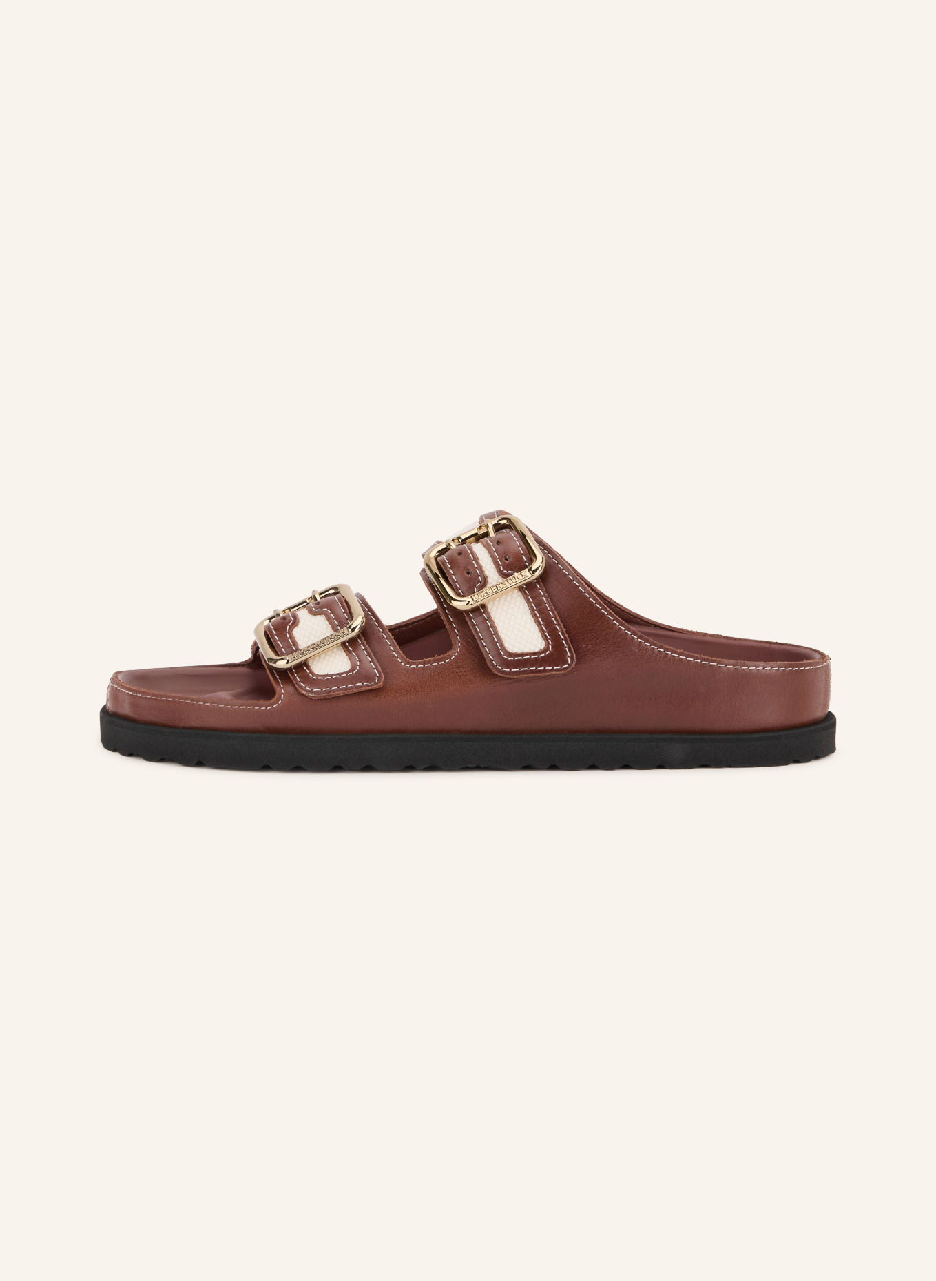 1774 BIRKENSTOCK Muiltjes ARIZONA BOLD CANVAS: BRUIN / GOUD / CRÈME
