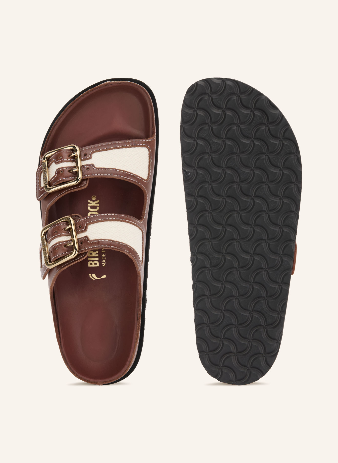 1774 BIRKENSTOCK Muiltjes ARIZONA BOLD CANVAS: BRUIN / GOUD / CRÈME