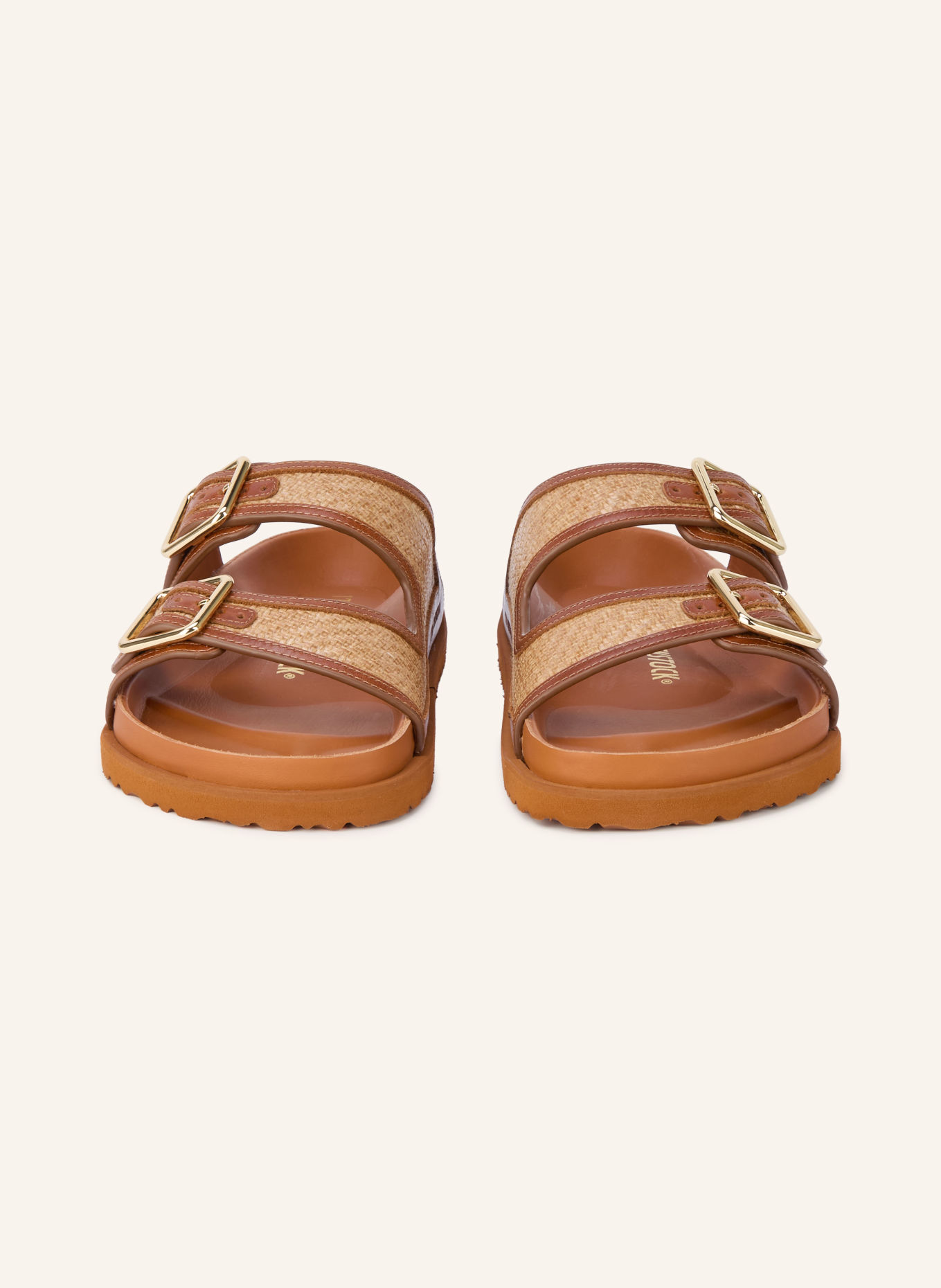 1774 BIRKENSTOCK Pantoletten ARIZONA FRAMED RAFFIA: COGNAC / GOLD / BEIGE