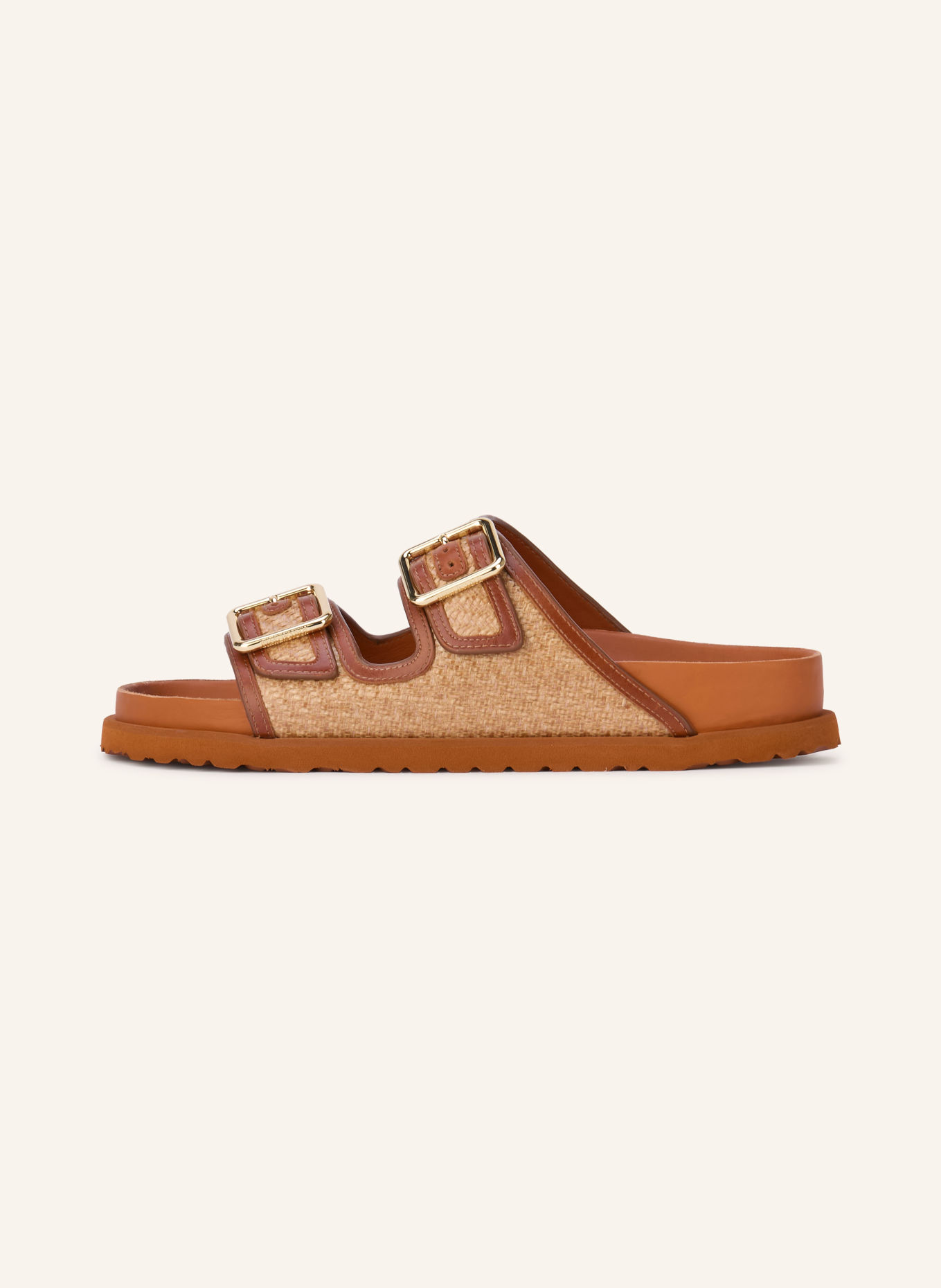 1774 BIRKENSTOCK Pantoletten ARIZONA FRAMED RAFFIA: COGNAC / GOLD / BEIGE