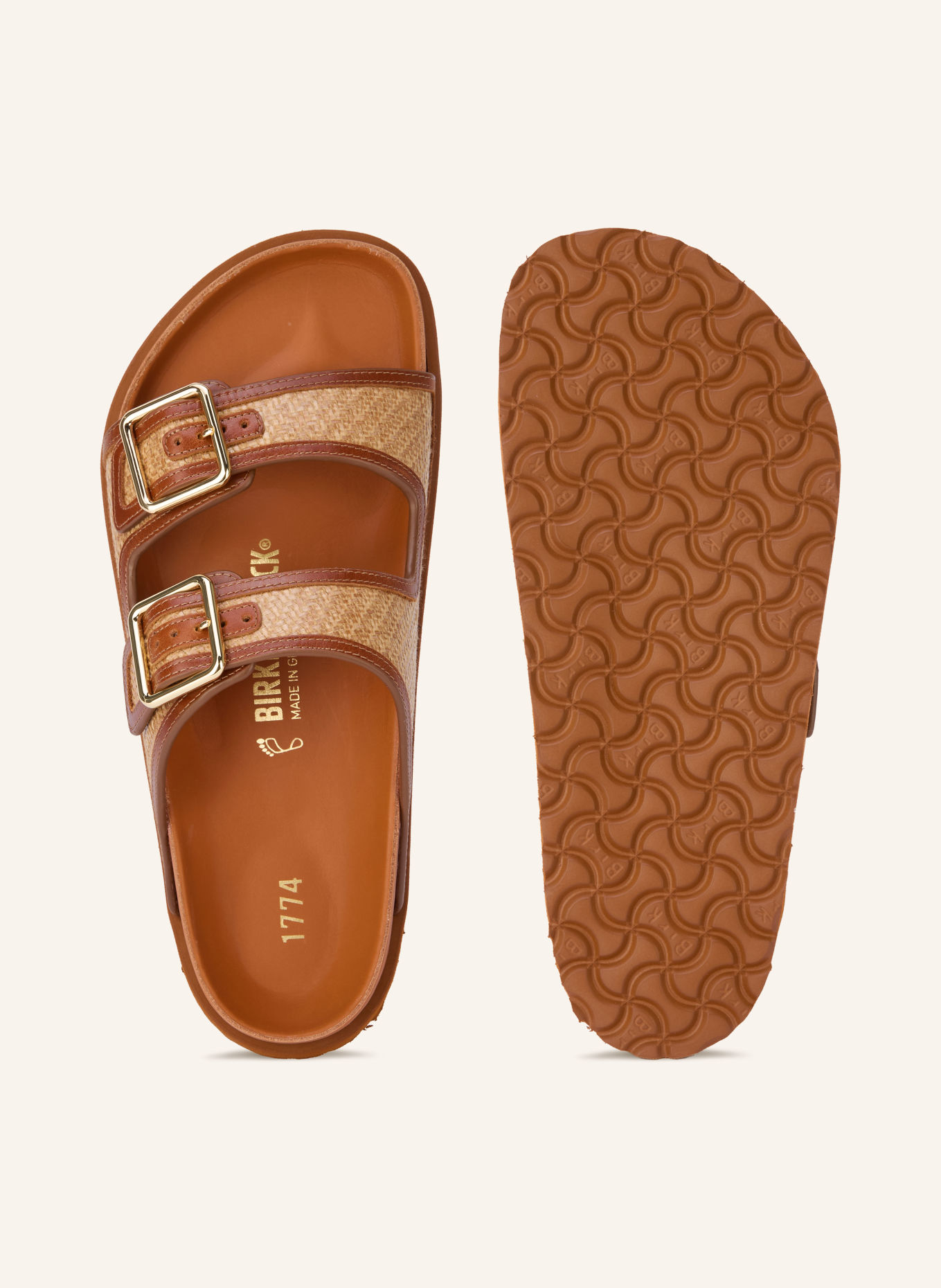 1774 BIRKENSTOCK Pantoletten ARIZONA FRAMED RAFFIA: COGNAC / GOLD / BEIGE