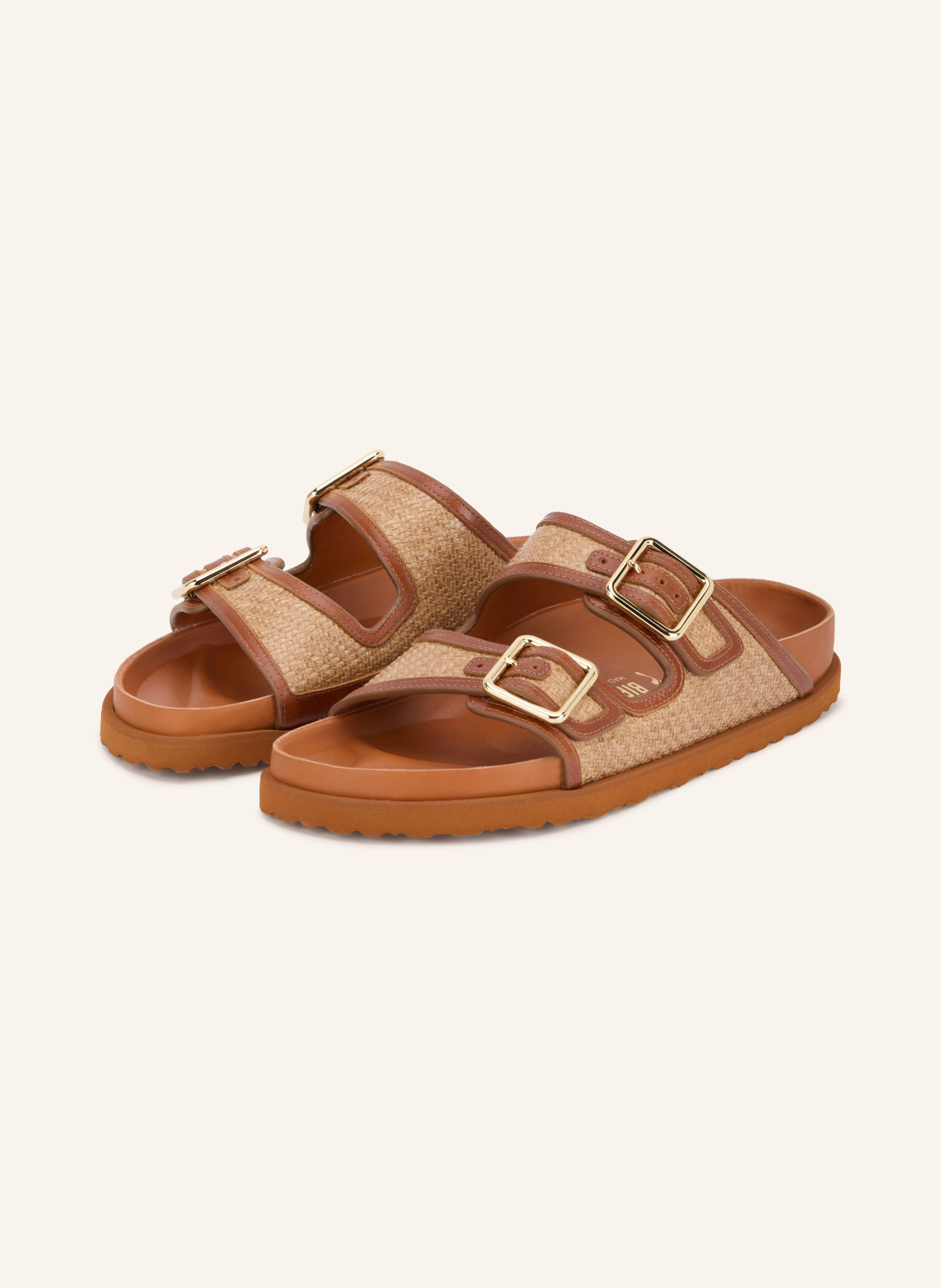 1774 BIRKENSTOCK Pantoletten ARIZONA FRAMED RAFFIA: COGNAC / GOLD / BEIGE