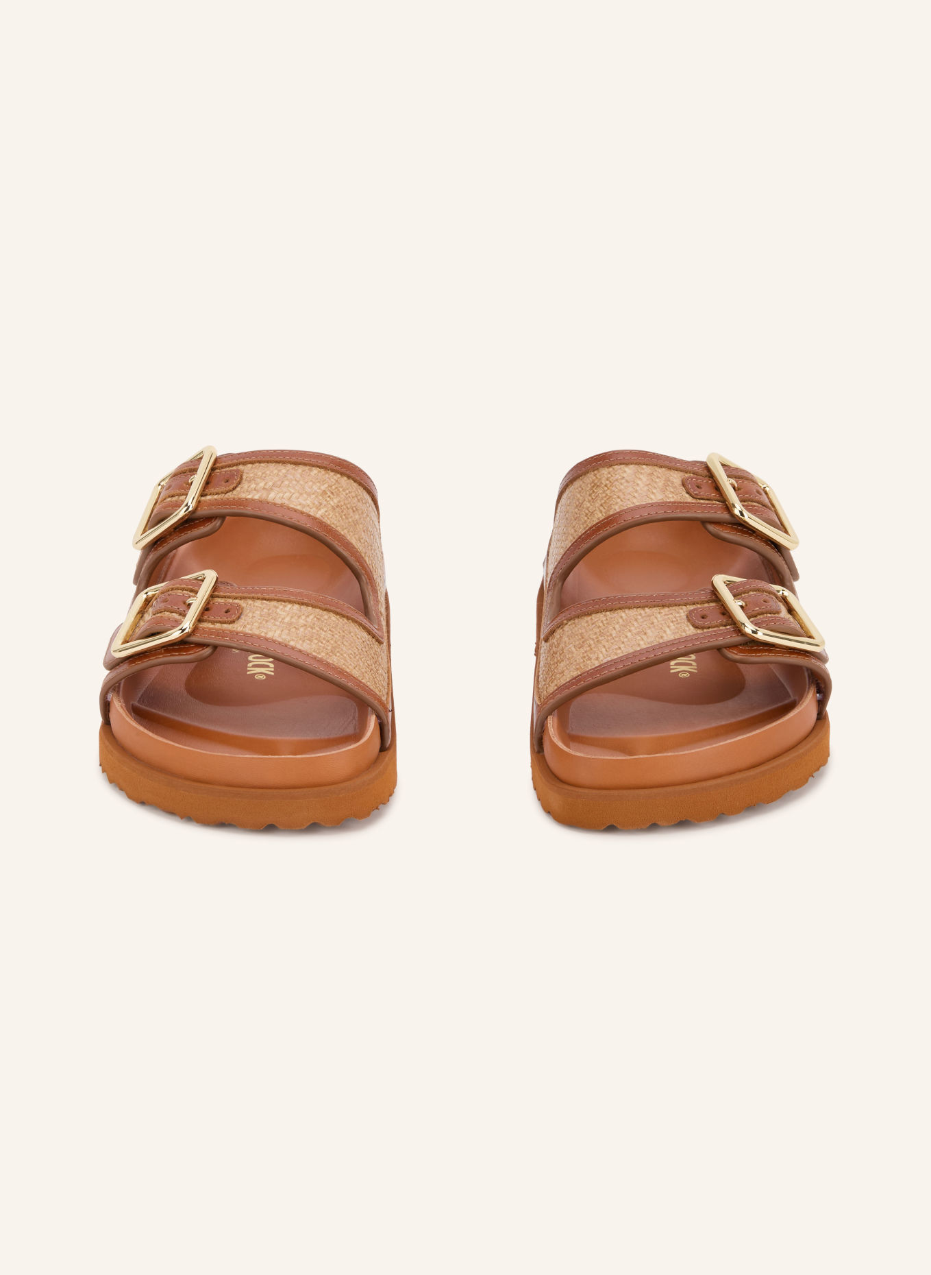 1774 BIRKENSTOCK Pantoletten ARIZONA FRAMED RAFFIA: COGNAC / GOLD / BEIGE