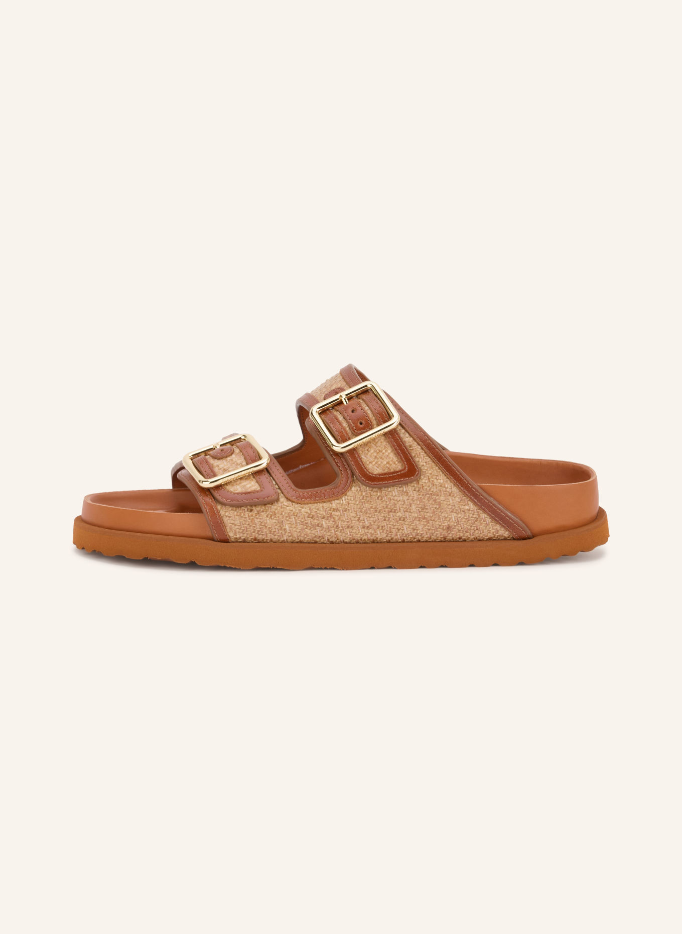 1774 BIRKENSTOCK Pantoletten ARIZONA FRAMED RAFFIA: COGNAC / GOLD / BEIGE