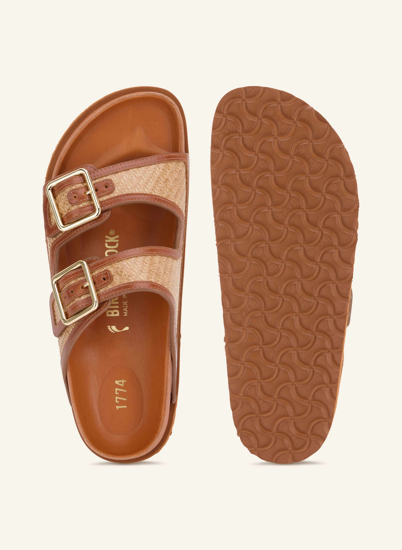 1774 BIRKENSTOCK Pantoletten ARIZONA FRAMED RAFFIA: COGNAC / GOLD / BEIGE