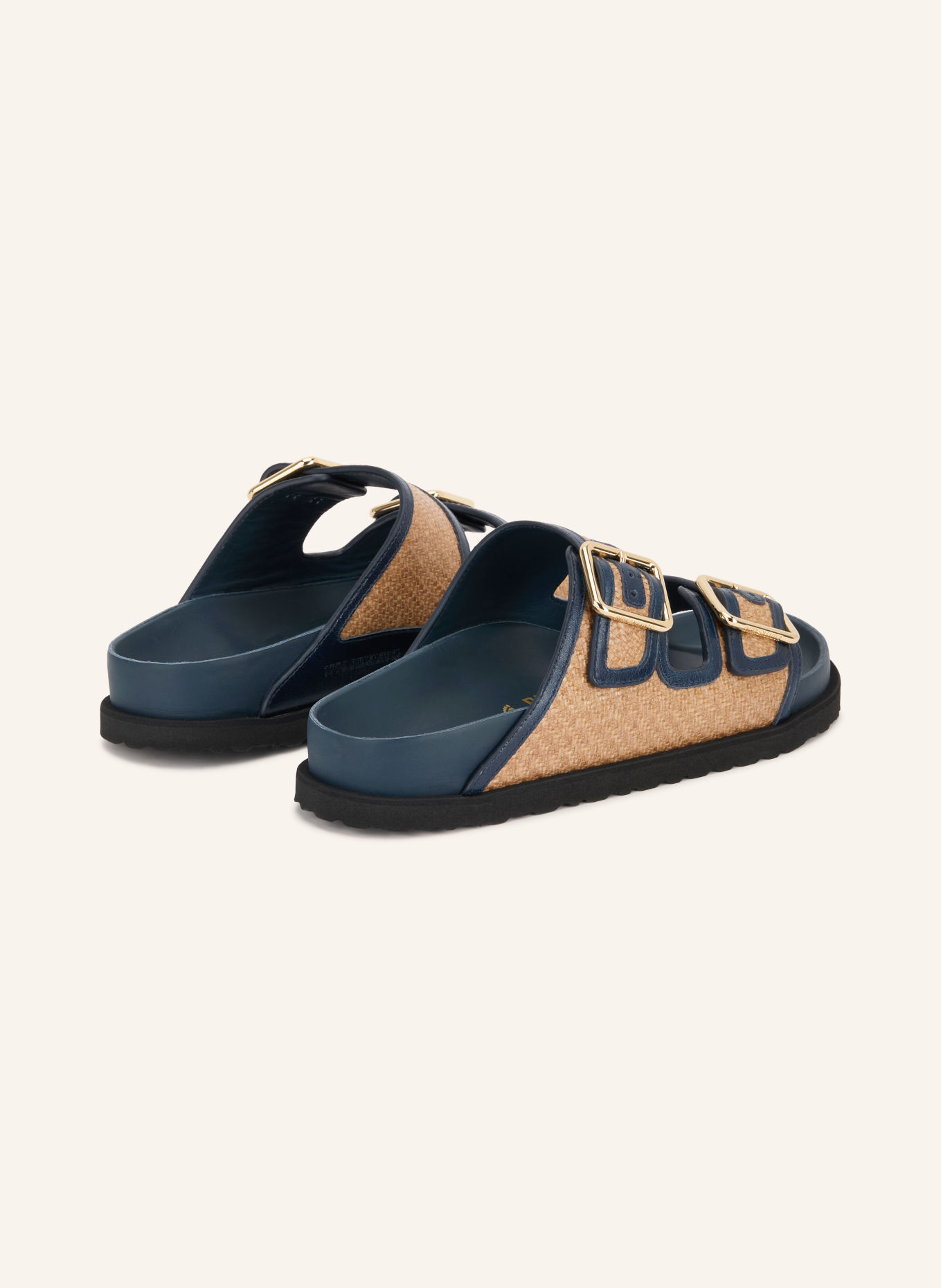 1774 BIRKENSTOCK Pantoletten ARIZONA FRAMED RAFFIA: BLAU / GOLD / BEIGE