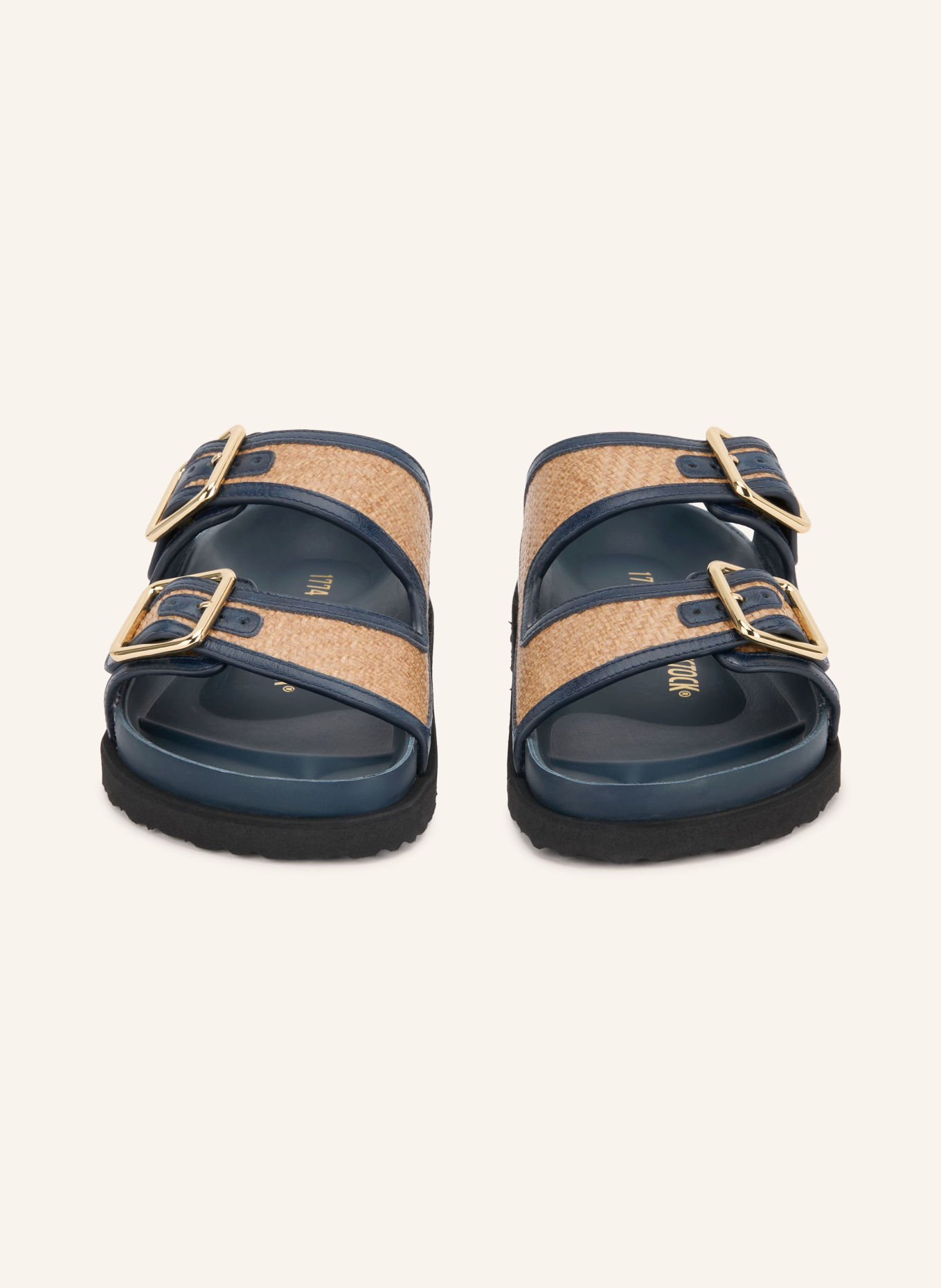 1774 BIRKENSTOCK Pantoletten ARIZONA FRAMED RAFFIA: BLAU / GOLD / BEIGE