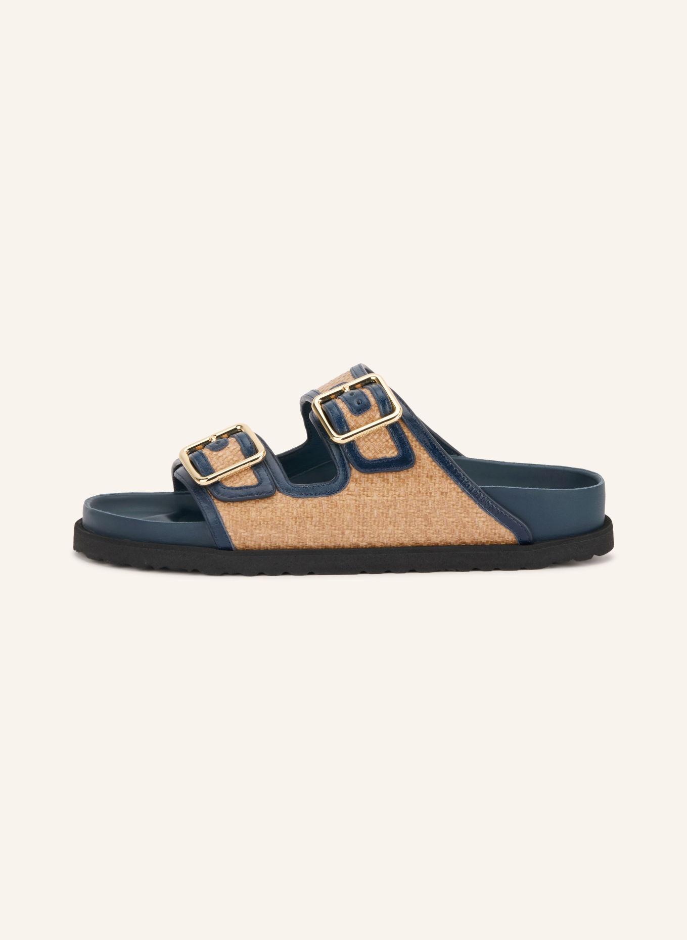 1774 BIRKENSTOCK Pantoletten ARIZONA FRAMED RAFFIA: BLAU / GOLD / BEIGE