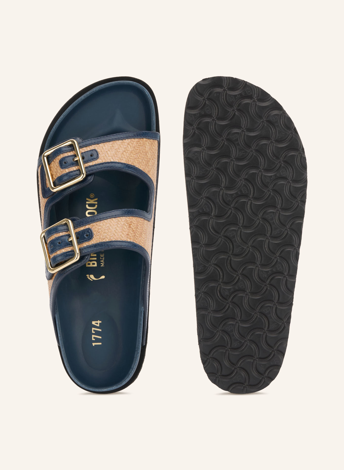 1774 BIRKENSTOCK Pantoletten ARIZONA FRAMED RAFFIA: BLAU / GOLD / BEIGE